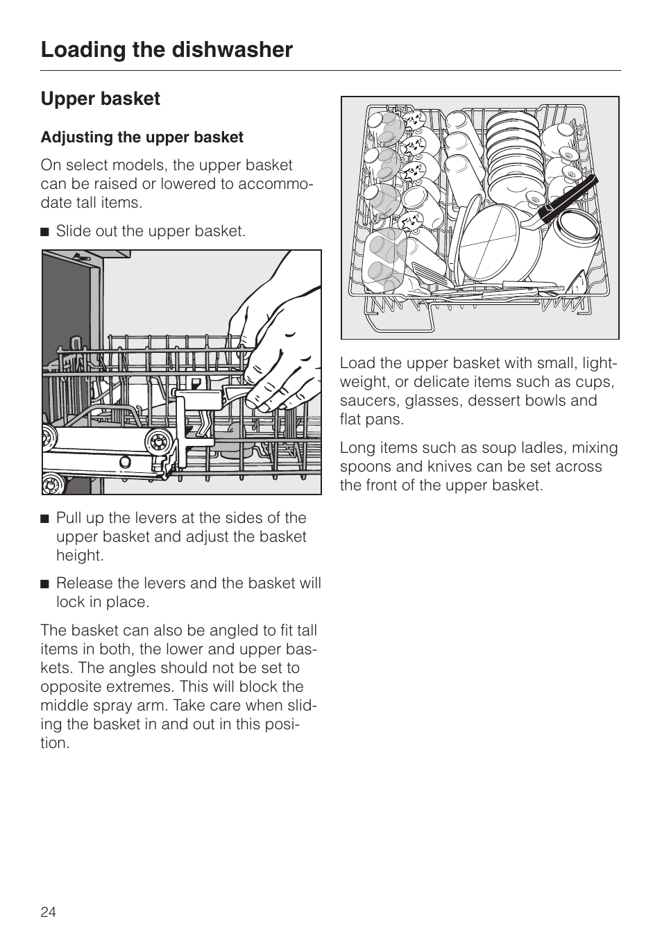 Upper basket 24, Adjusting the upper basket 24, Upper basket | Adjusting the upper basket, Loading the dishwasher | Miele TOUCHTRONIC G 694 SC User Manual | Page 24 / 56