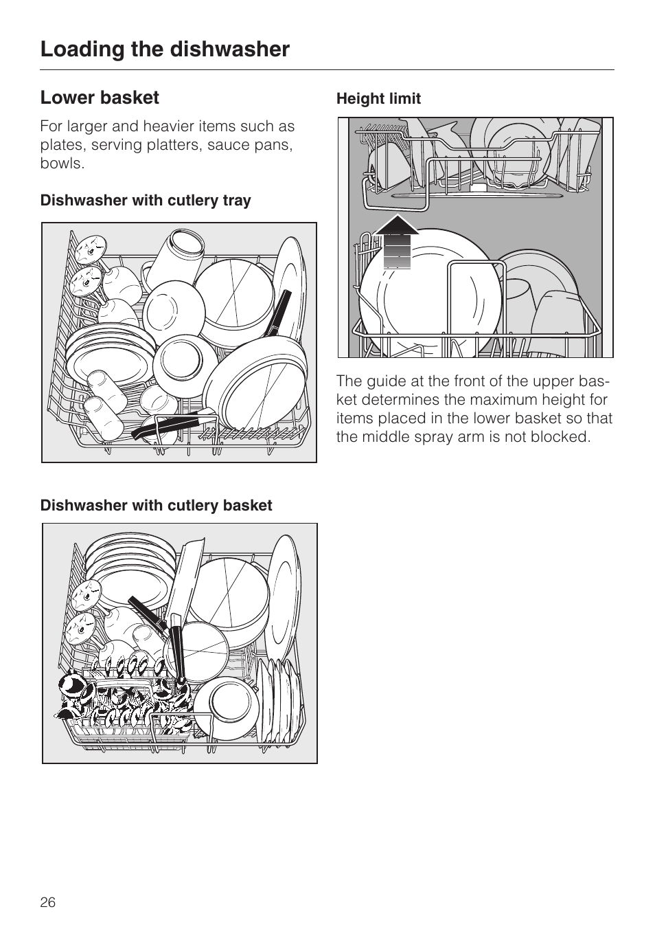 Lower basket 26, Lower basket, Loading the dishwasher | Miele TOUCHTRONIC G 694 SC User Manual | Page 26 / 56