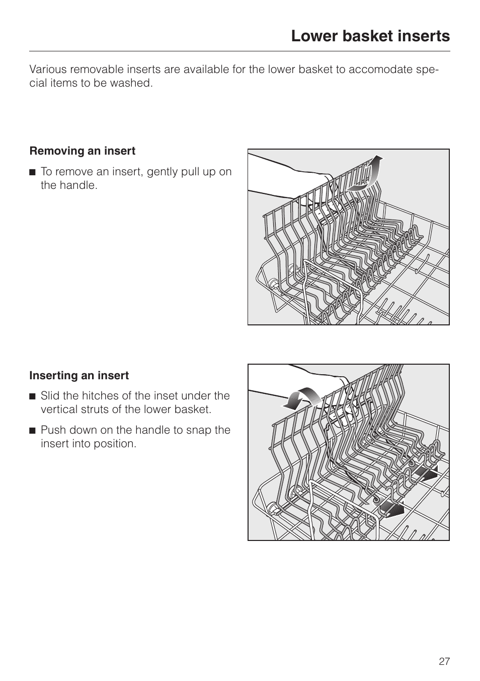Lower basket inserts 27, Removing an insert 27, Inserting an insert 27 | Lower basket inserts, Removing an insert inserting an insert | Miele TOUCHTRONIC G 694 SC User Manual | Page 27 / 56