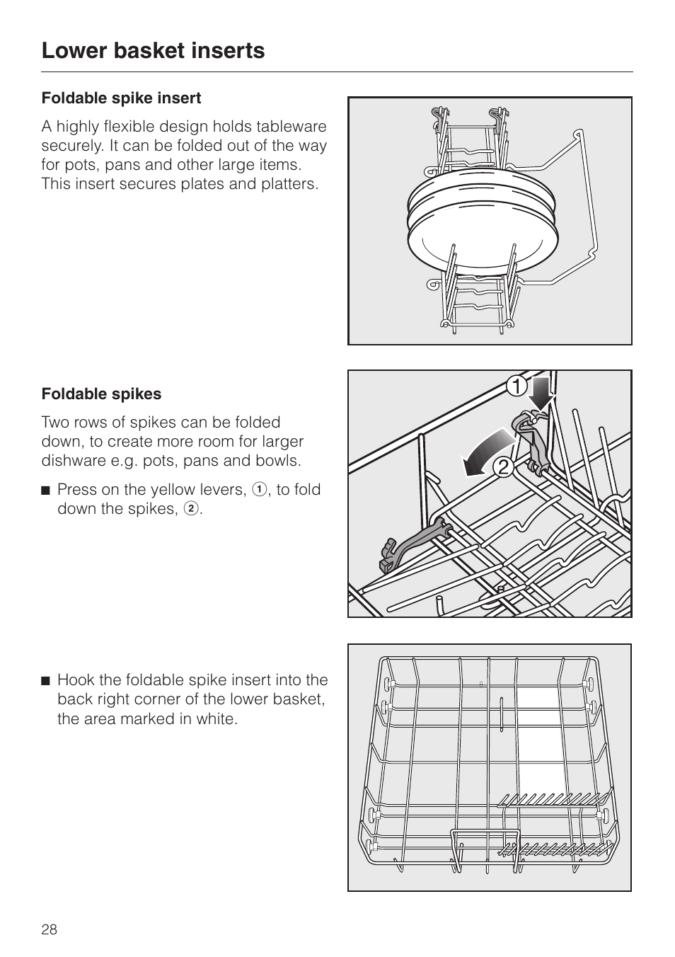 Foldable spike insert 28, Foldable spike insert, Lower basket inserts | Miele TOUCHTRONIC G 694 SC User Manual | Page 28 / 56