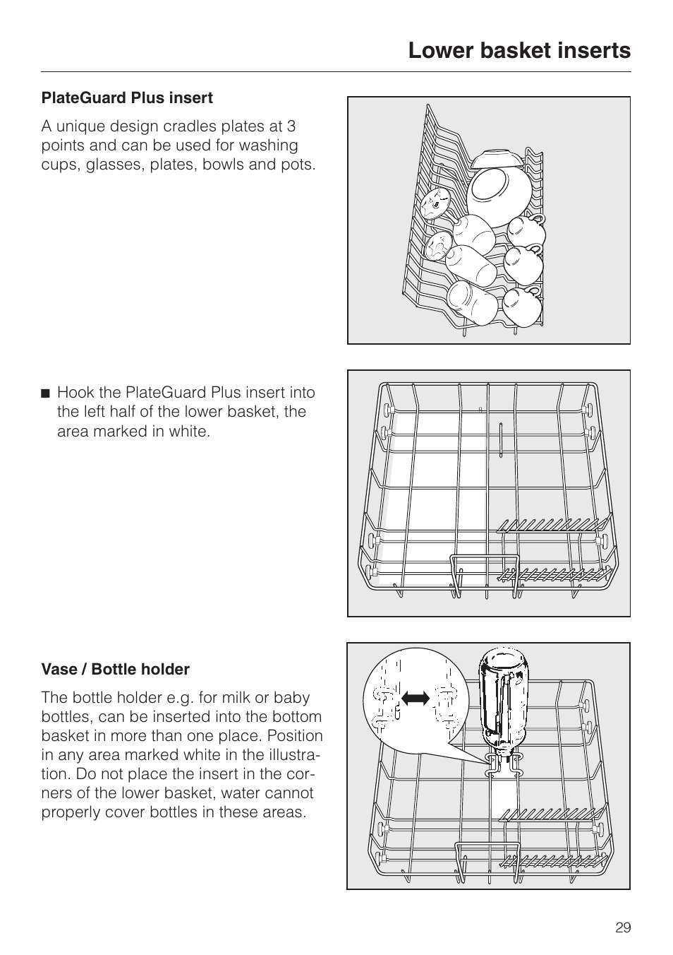 Plateguard plus insert 29, Vase / bottle holder 29, Plateguard plus insert vase / bottle holder | Lower basket inserts | Miele TOUCHTRONIC G 694 SC User Manual | Page 29 / 56