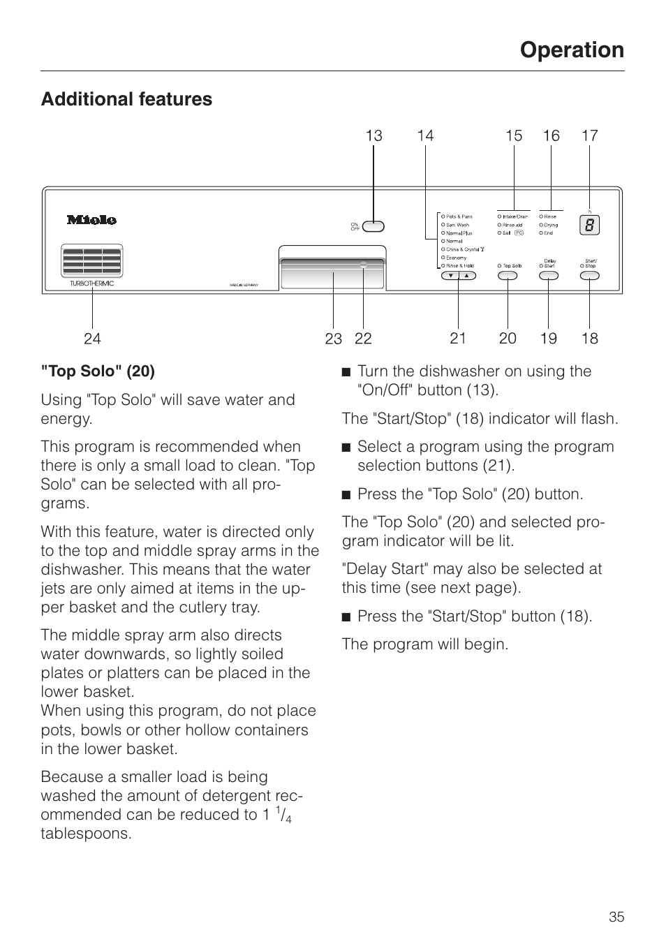 Additional features 35, Top solo" (20) 35, Additional features | Top solo" (20), Operation | Miele TOUCHTRONIC G 694 SC User Manual | Page 35 / 56