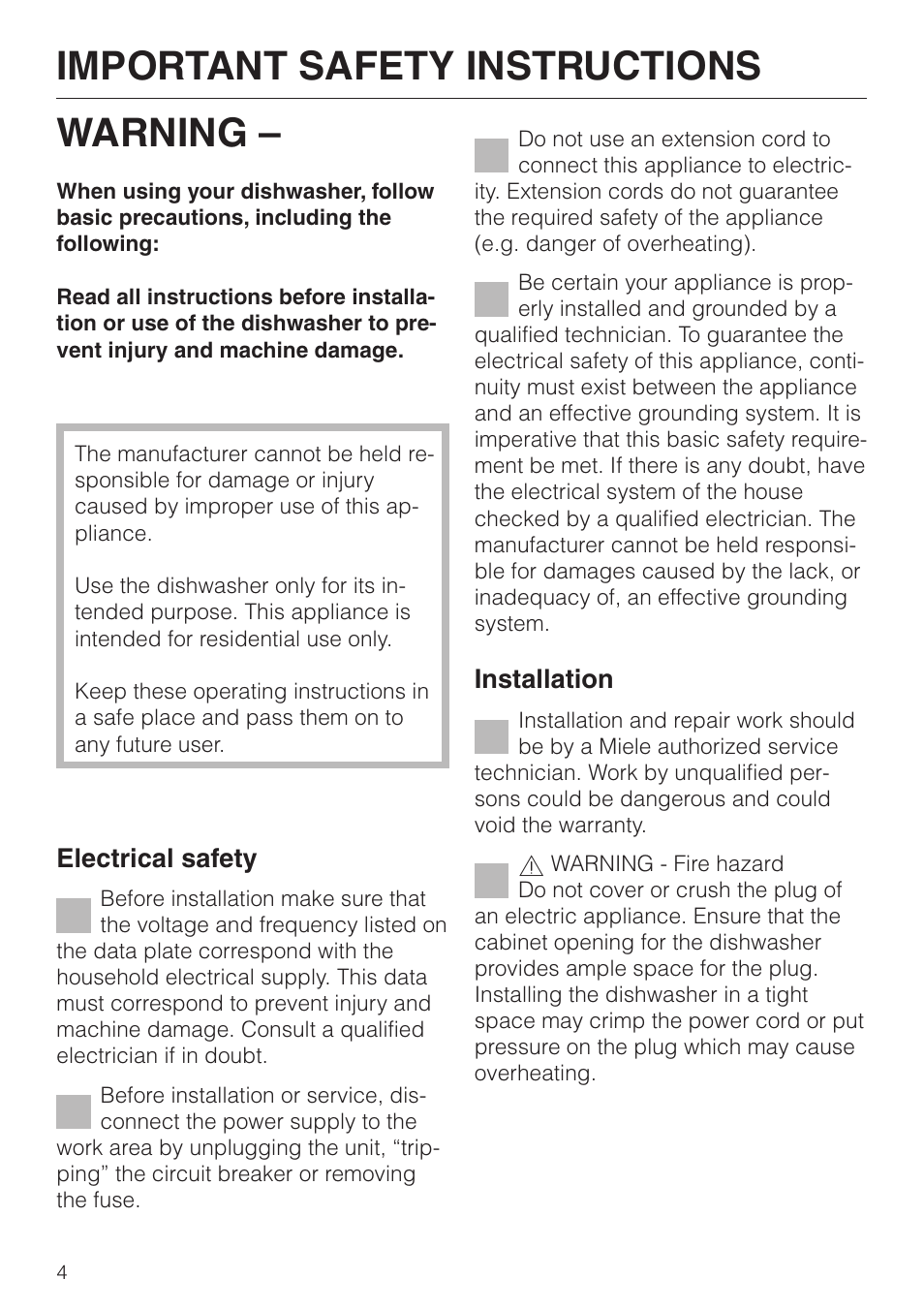 Important safety instructions 4, Important safety instructions, Warning | Miele TOUCHTRONIC G 694 SC User Manual | Page 4 / 56