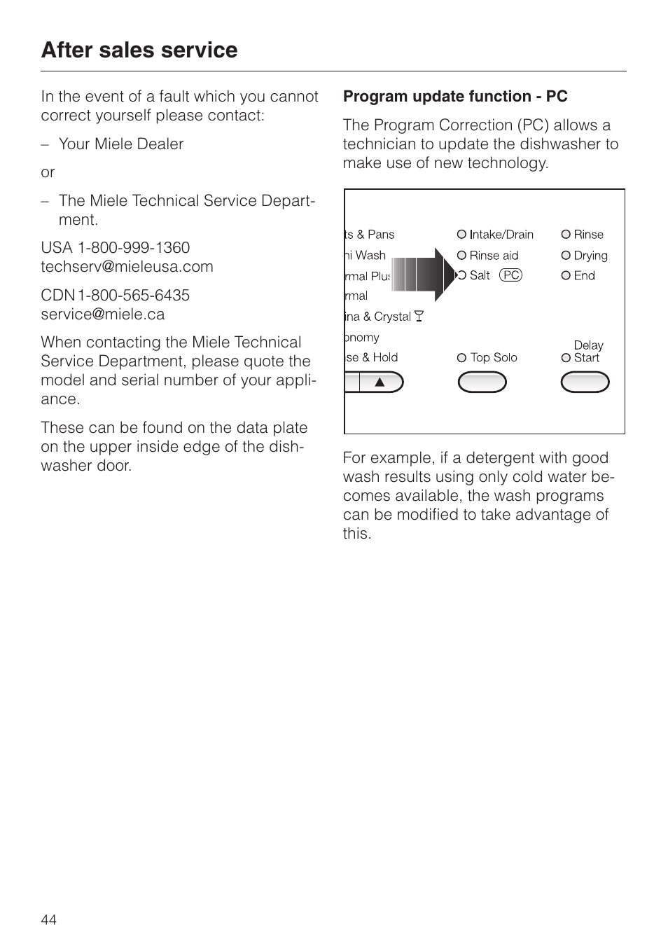 After sales service 44, After sales service | Miele TOUCHTRONIC G 694 SC User Manual | Page 44 / 56