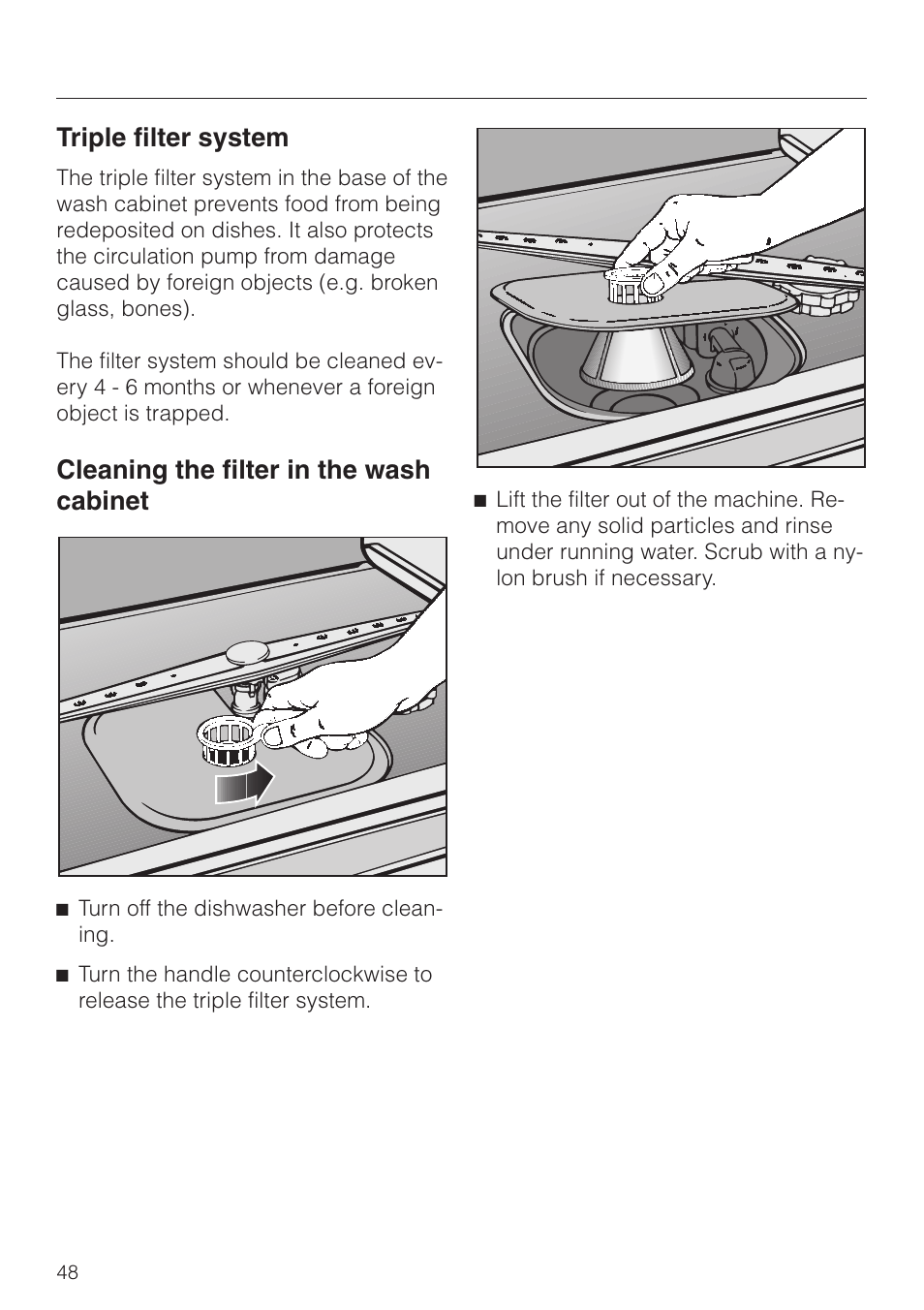 Cleaning the filter in the wash cabinet 48, Cleaning the filter in the wash cabinet, Triple filter system | Miele TOUCHTRONIC G 694 SC User Manual | Page 48 / 56