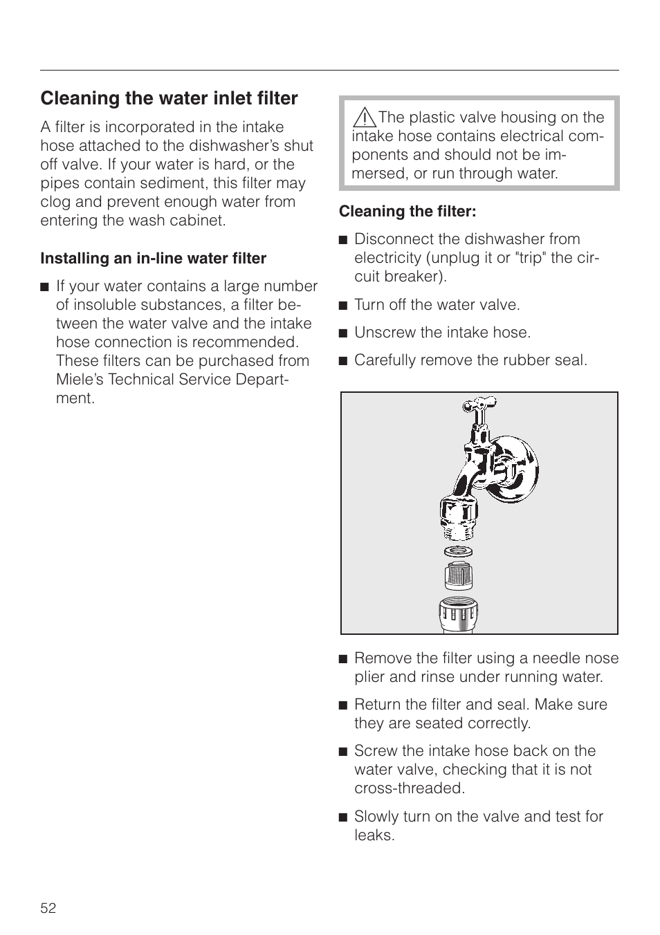 Cleaning the water inlet filter 52, Cleaning the water inlet filter | Miele TOUCHTRONIC G 694 SC User Manual | Page 52 / 56