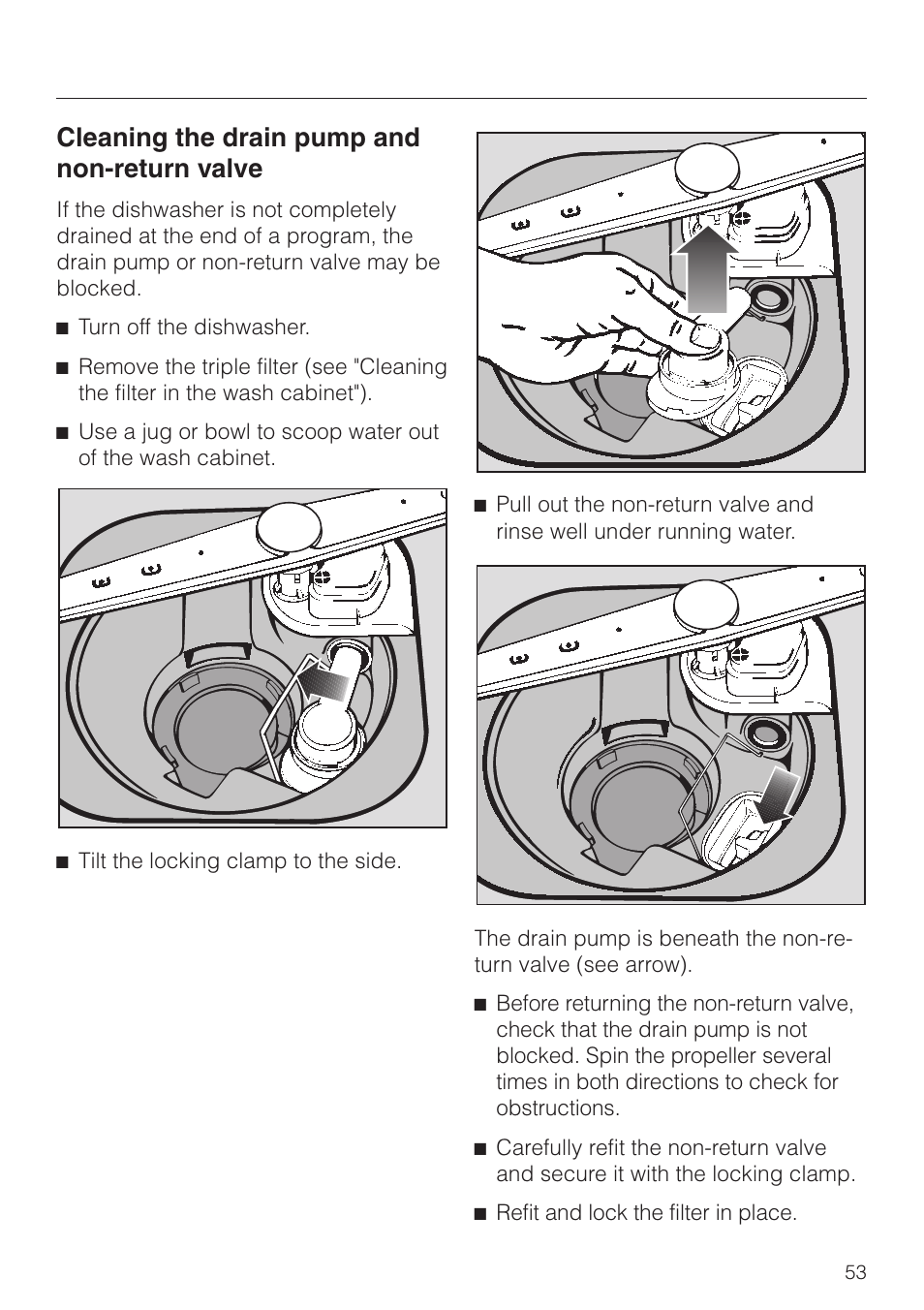 Cleaning the drain pump and non-return valve 53, Cleaning the drain pump and non-return valve | Miele TOUCHTRONIC G 694 SC User Manual | Page 53 / 56