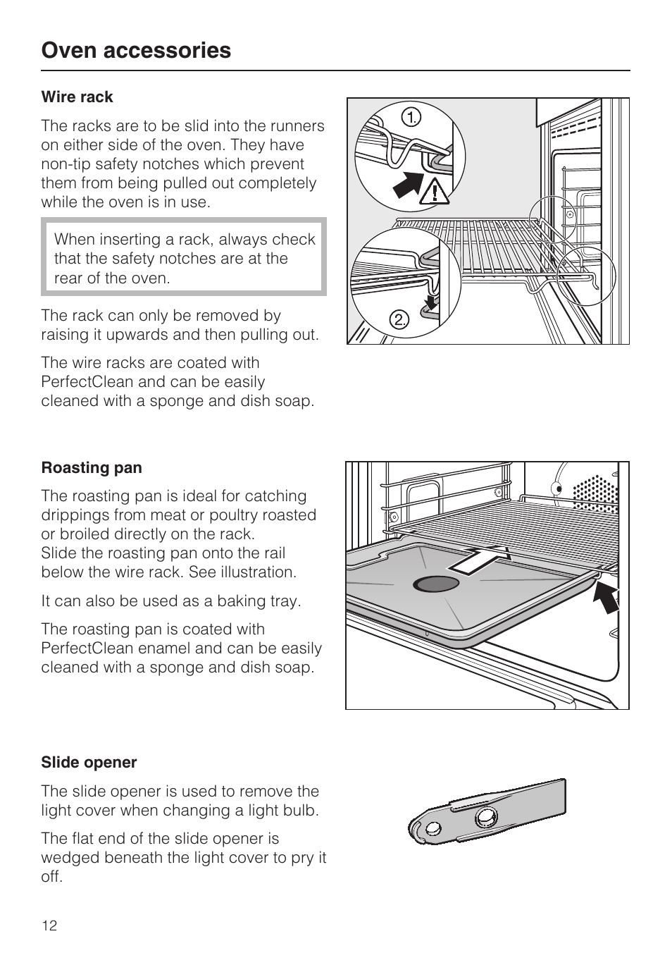 Oven accessories 12, Wire rack 12, Roasting pan 12 | Slide opener 12, Oven accessories | Miele H4842BP User Manual | Page 12 / 68