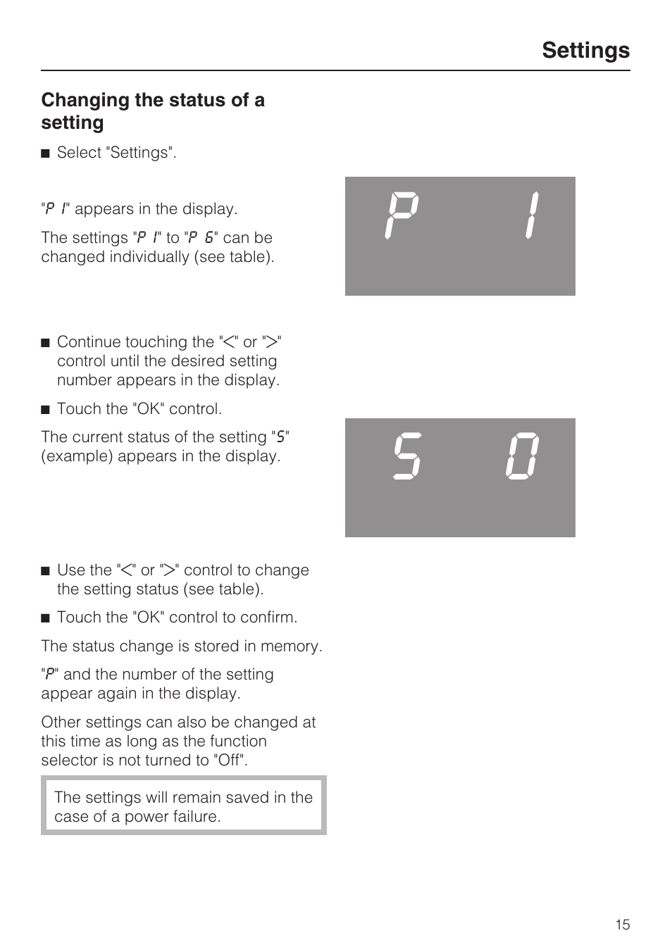 Changing the status of a setting 15, Pi s 0 | Miele H4842BP User Manual | Page 15 / 68