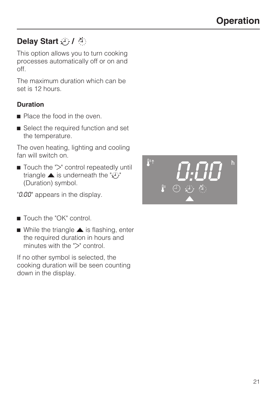 Delay start t / s 21, Duration 21, Operation | Miele H4842BP User Manual | Page 21 / 68