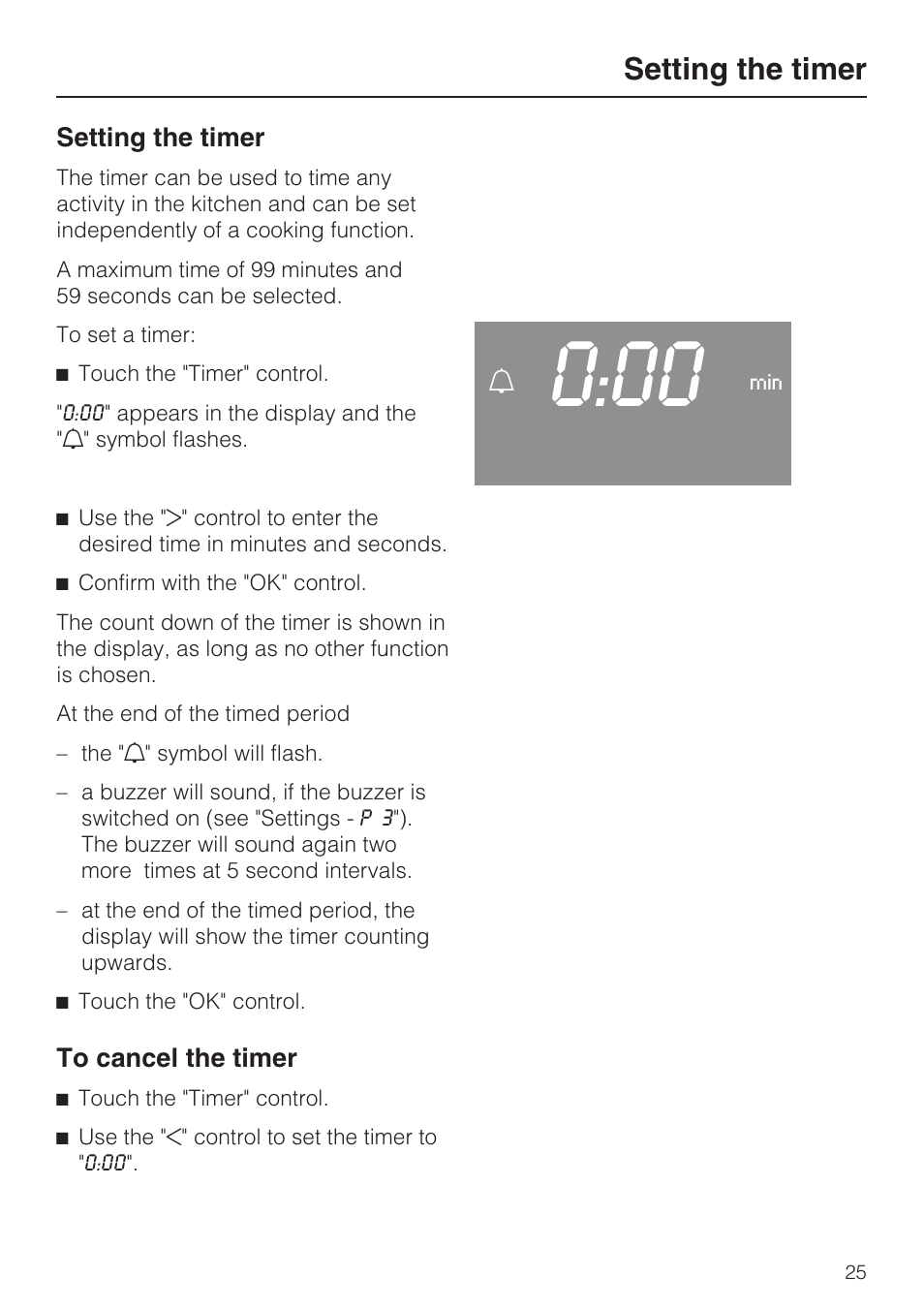 Setting the timer 25, Setting the timer | Miele H4842BP User Manual | Page 25 / 68
