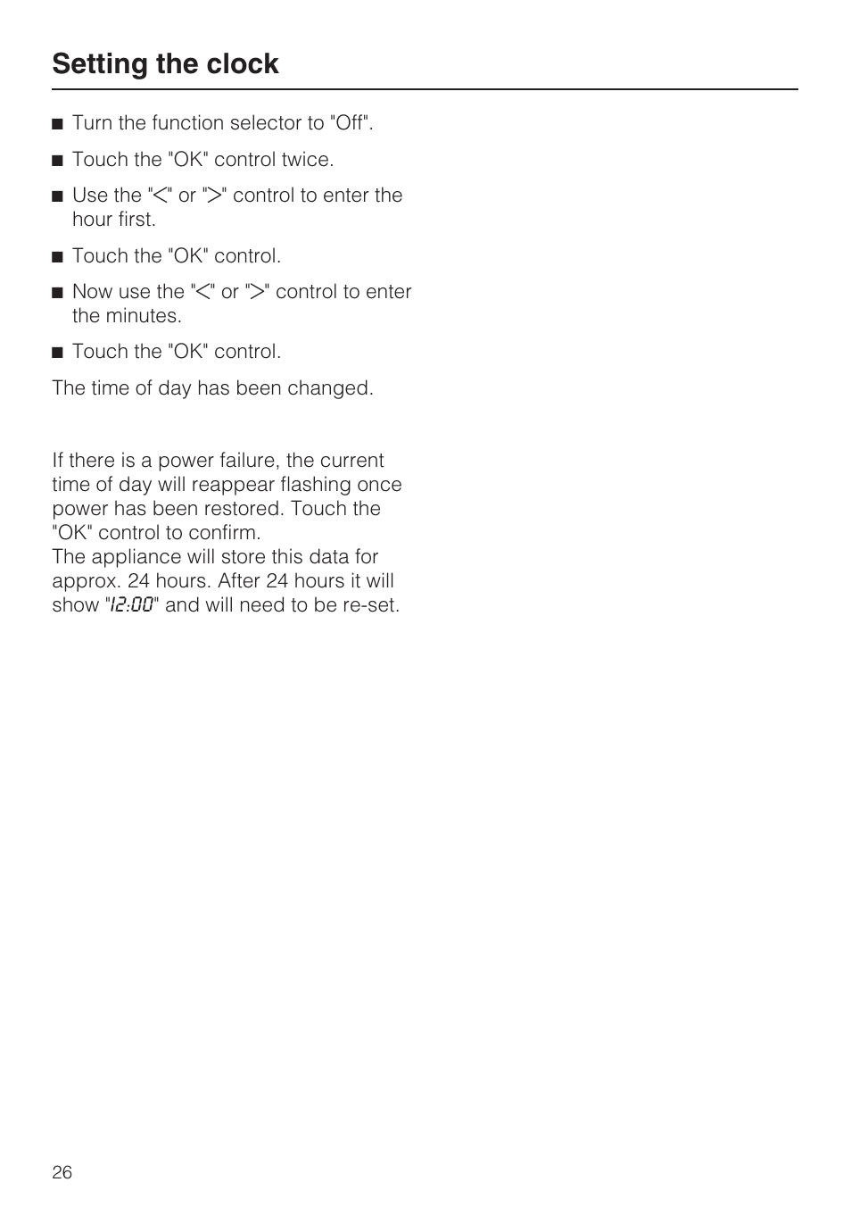 Setting the clock 26, Setting the clock | Miele H4842BP User Manual | Page 26 / 68