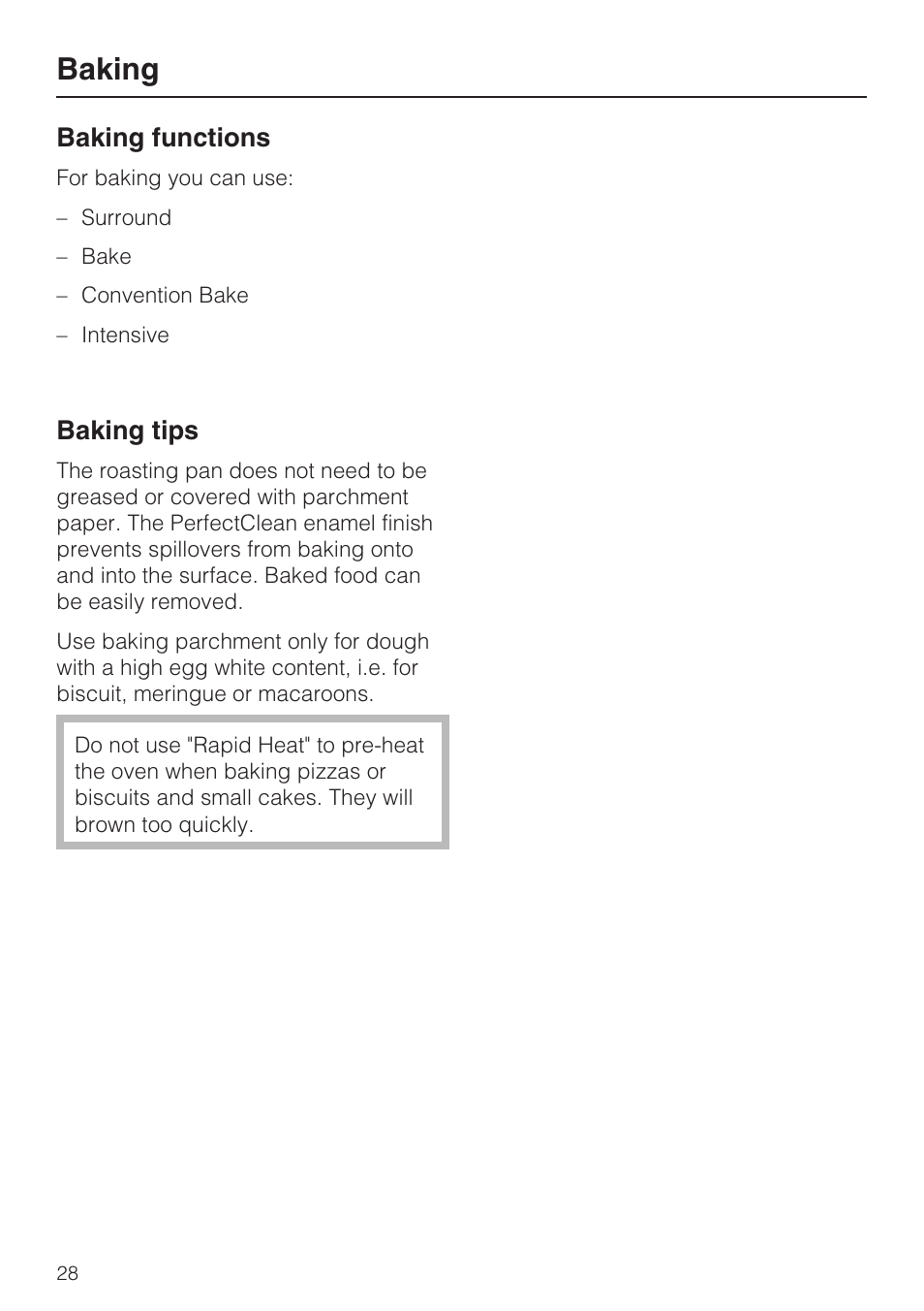 Baking 28, Baking functions 28, Baking tips 28 | Baking, Baking functions, Baking tips | Miele H4842BP User Manual | Page 28 / 68