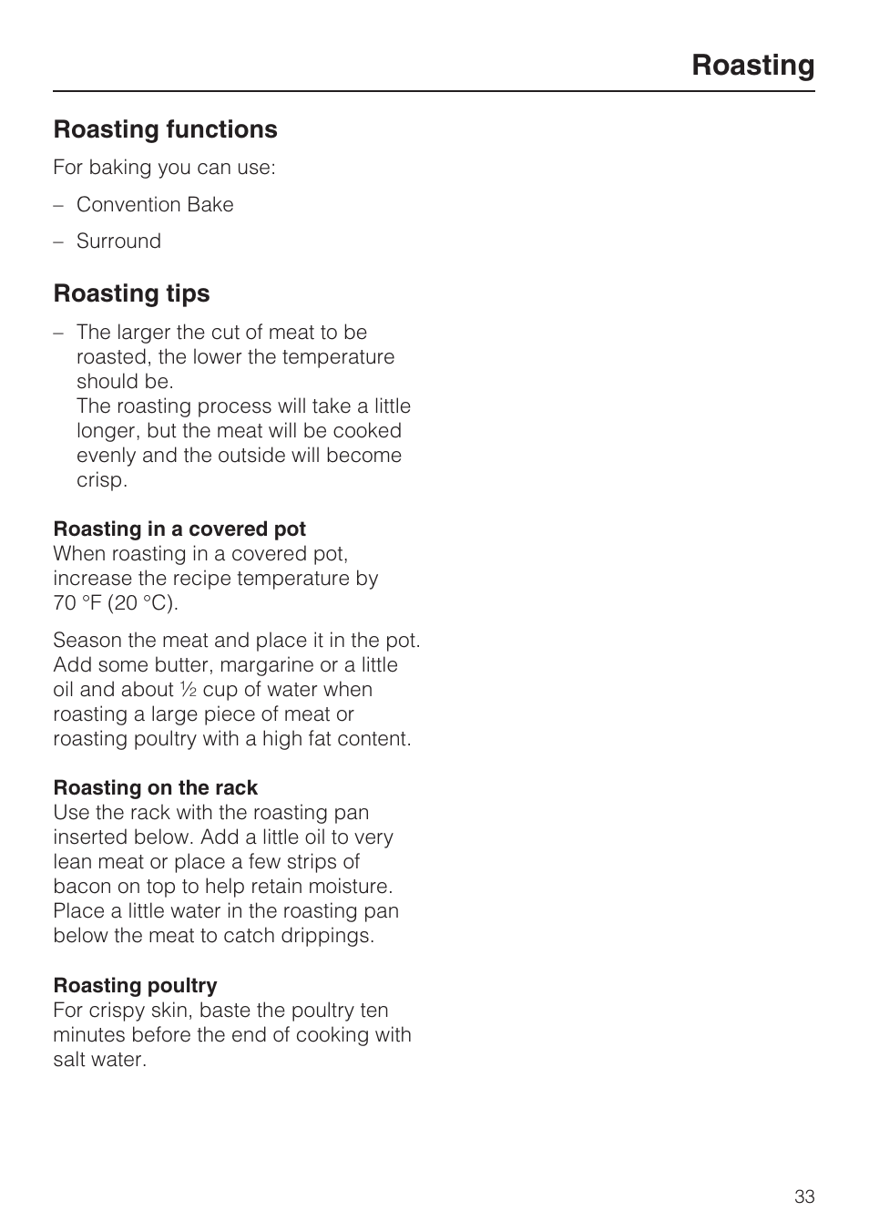 Roasting 33, Roasting functions 33, Roasting tips 33 | Roasting, Roasting functions, Roasting tips | Miele H4842BP User Manual | Page 33 / 68