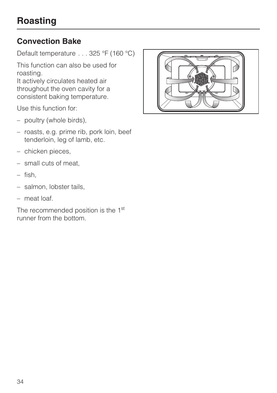 Roasting, Convection bake | Miele H4842BP User Manual | Page 34 / 68