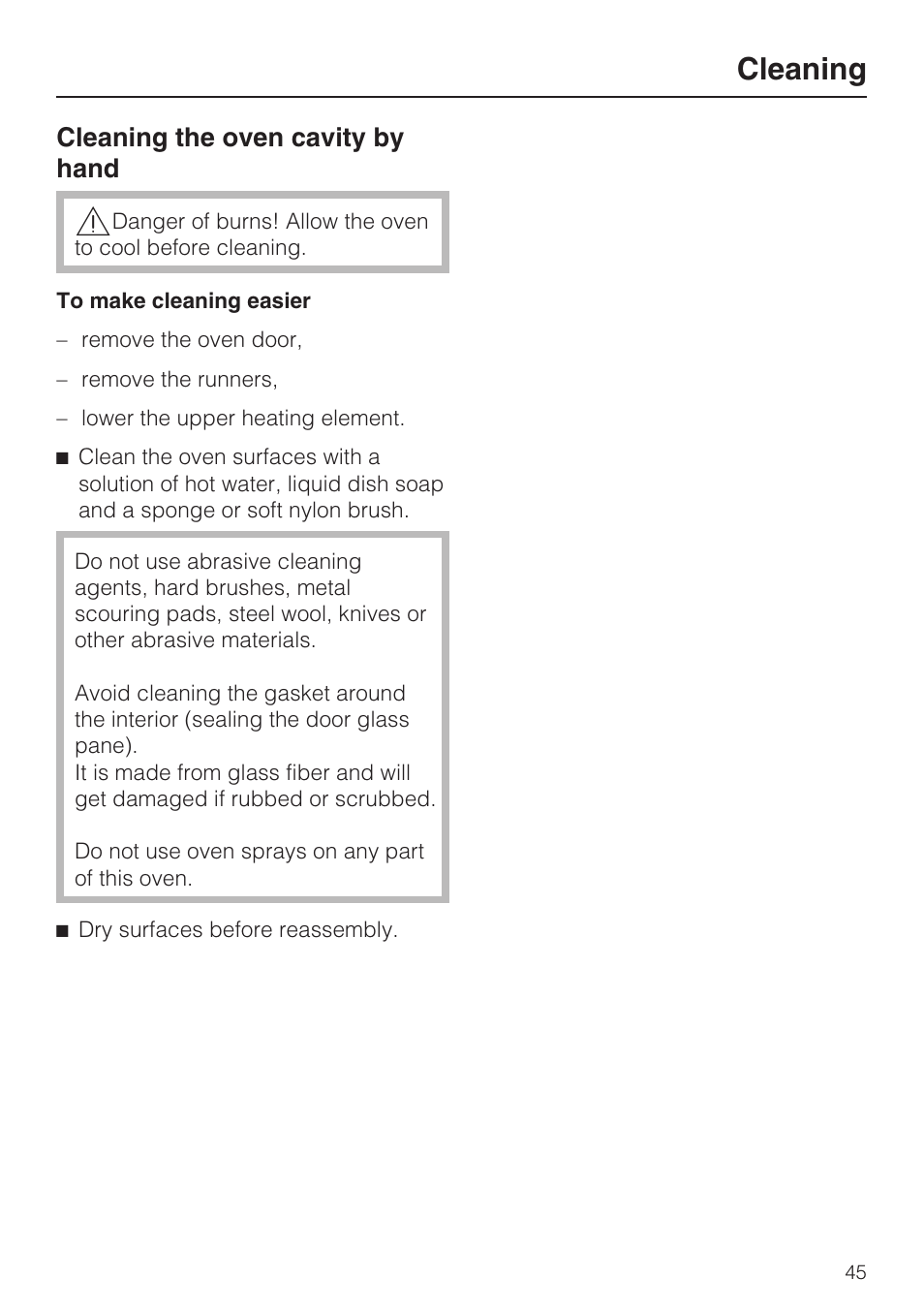 Cleaning, Cleaning the oven cavity by hand | Miele H4842BP User Manual | Page 45 / 68
