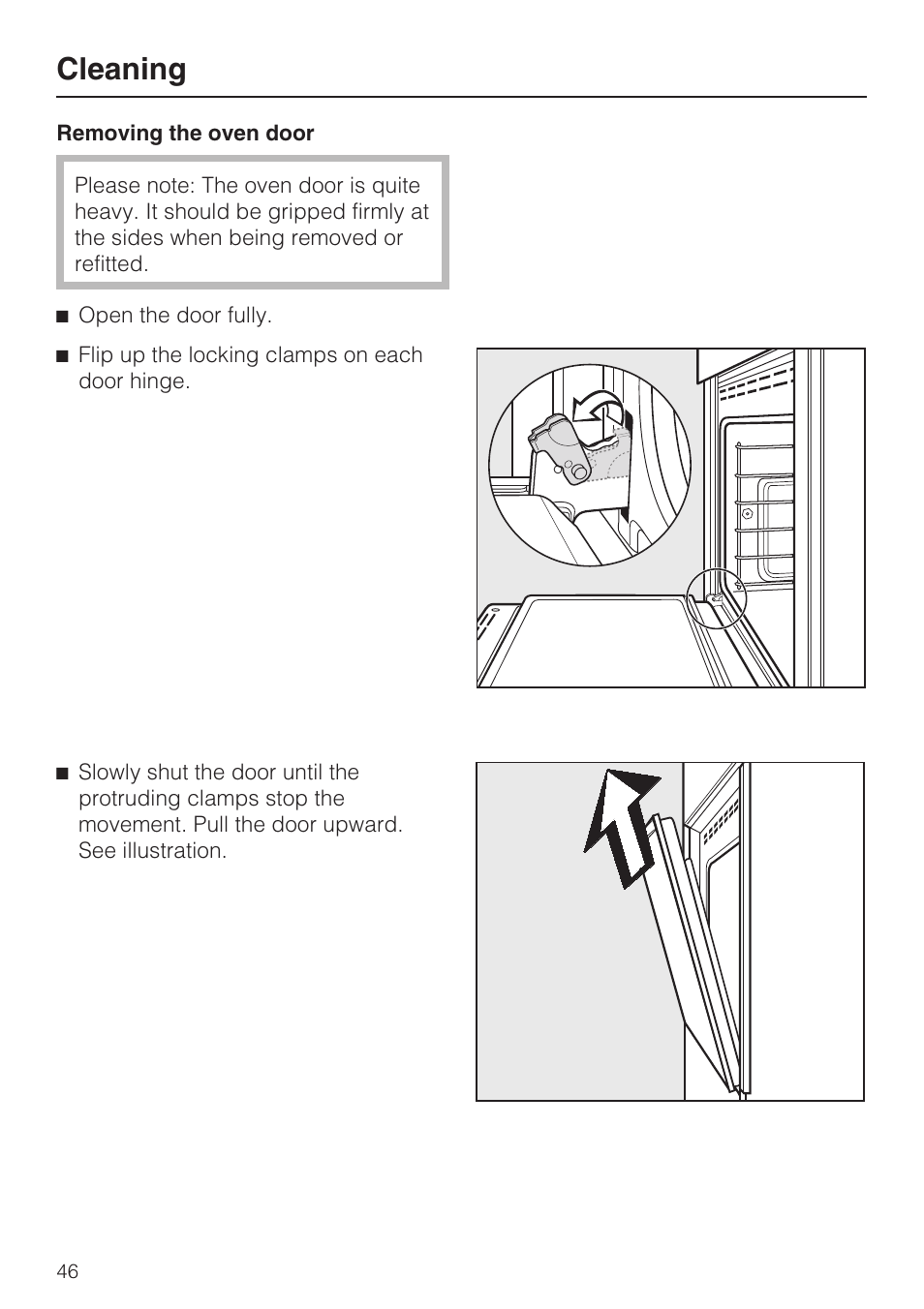Removing the oven door 46, Cleaning | Miele H4842BP User Manual | Page 46 / 68