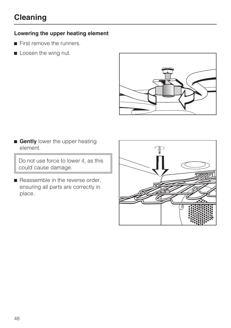 Lowering the upper heating element 48, Cleaning | Miele H4842BP User Manual | Page 48 / 68