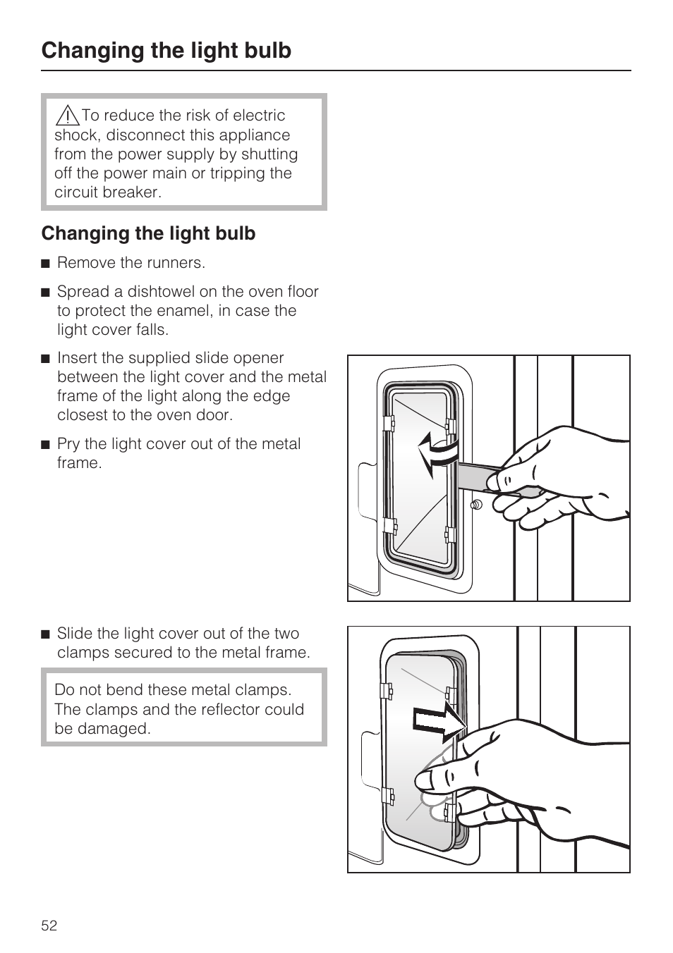 Changing the light bulb 52, Changing the light bulb | Miele H4842BP User Manual | Page 52 / 68