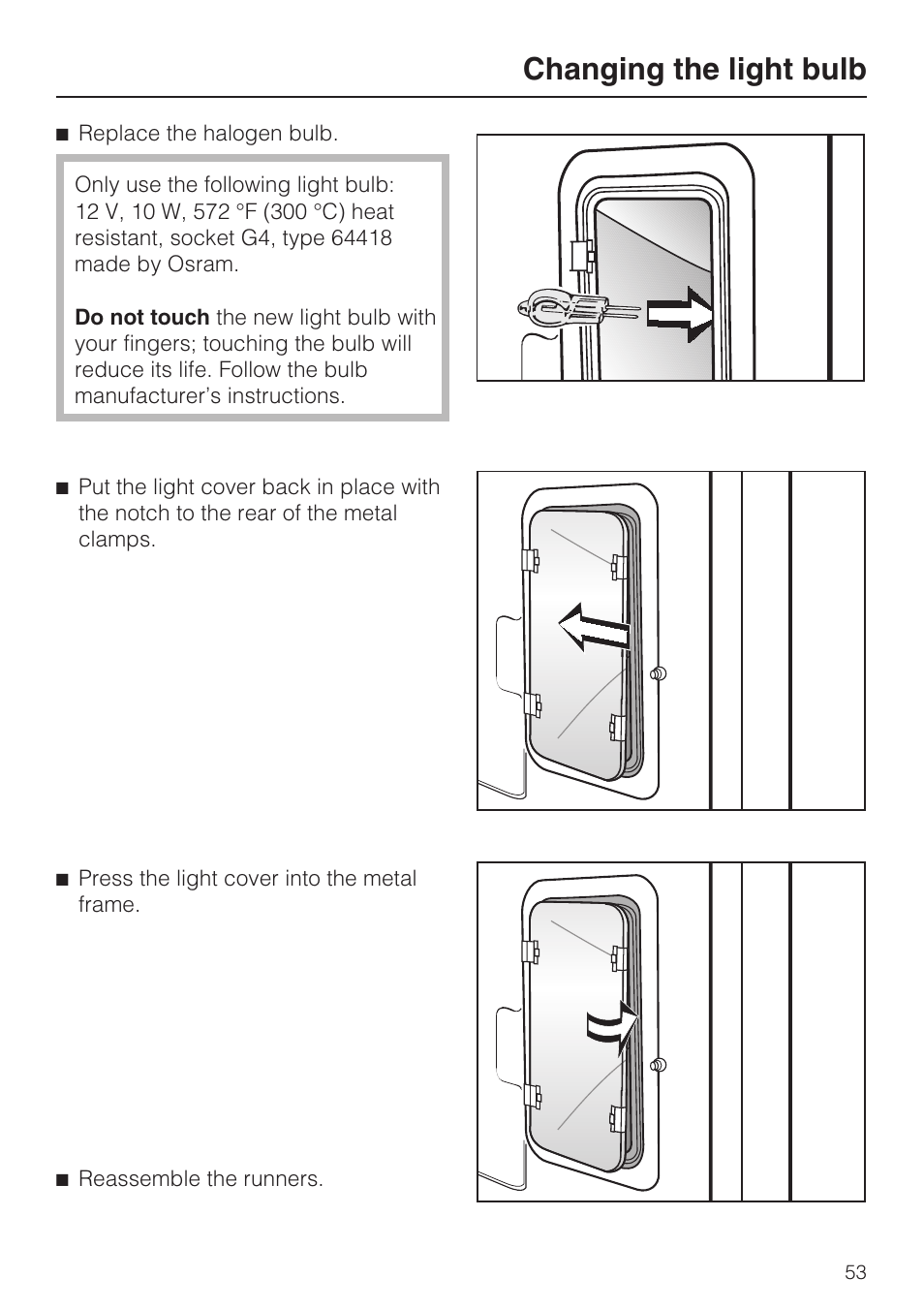 Changing the light bulb | Miele H4842BP User Manual | Page 53 / 68