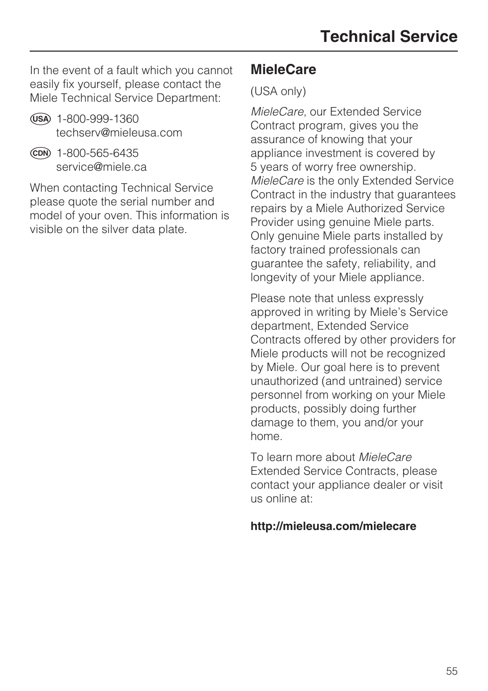 Technical service 55, Technical service, Mielecare | Miele H4842BP User Manual | Page 55 / 68