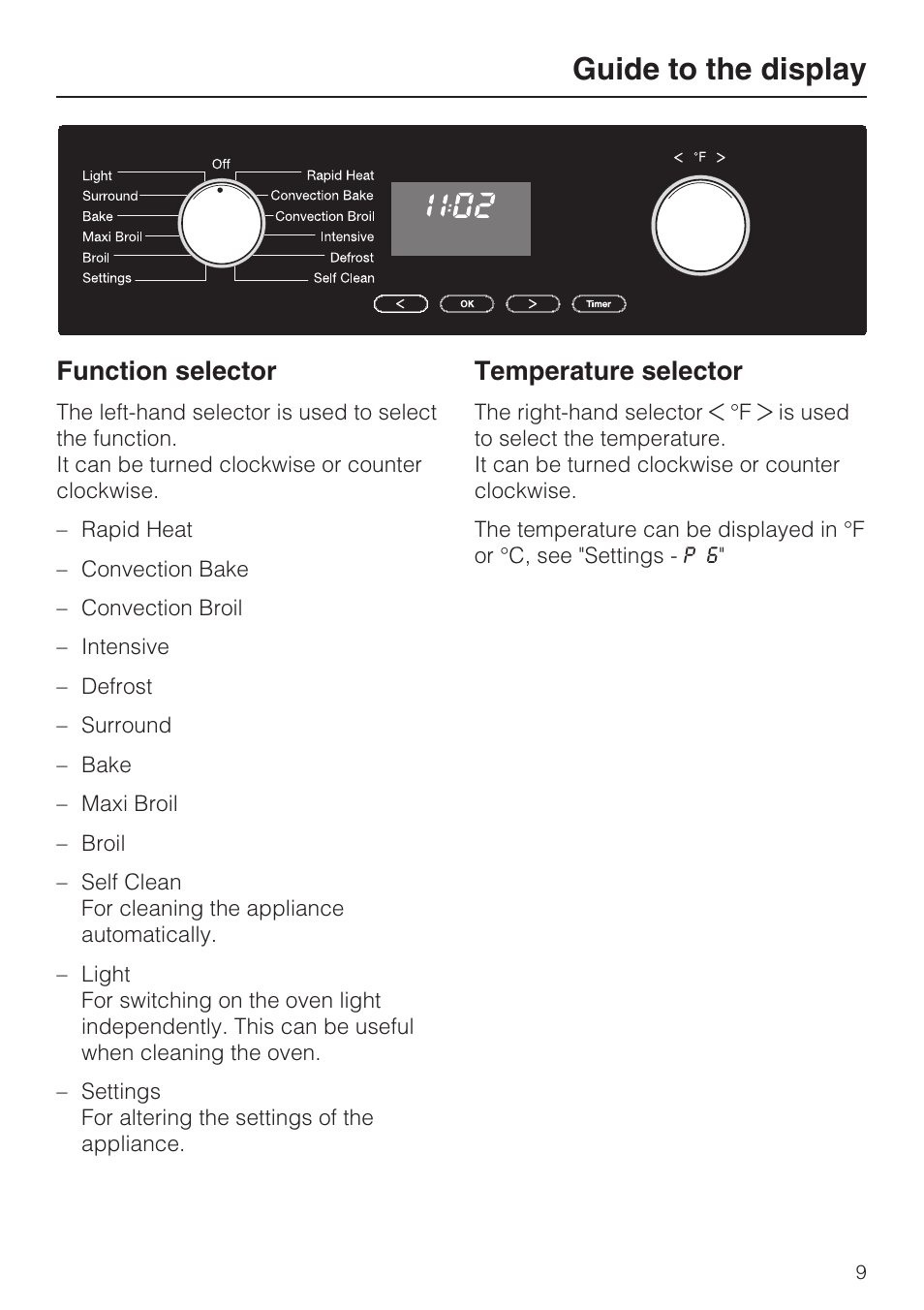 Guide to the display 9, Function selector 9, Temperature selector 9 | Guide to the display, Function selector, Temperature selector | Miele H4842BP User Manual | Page 9 / 68