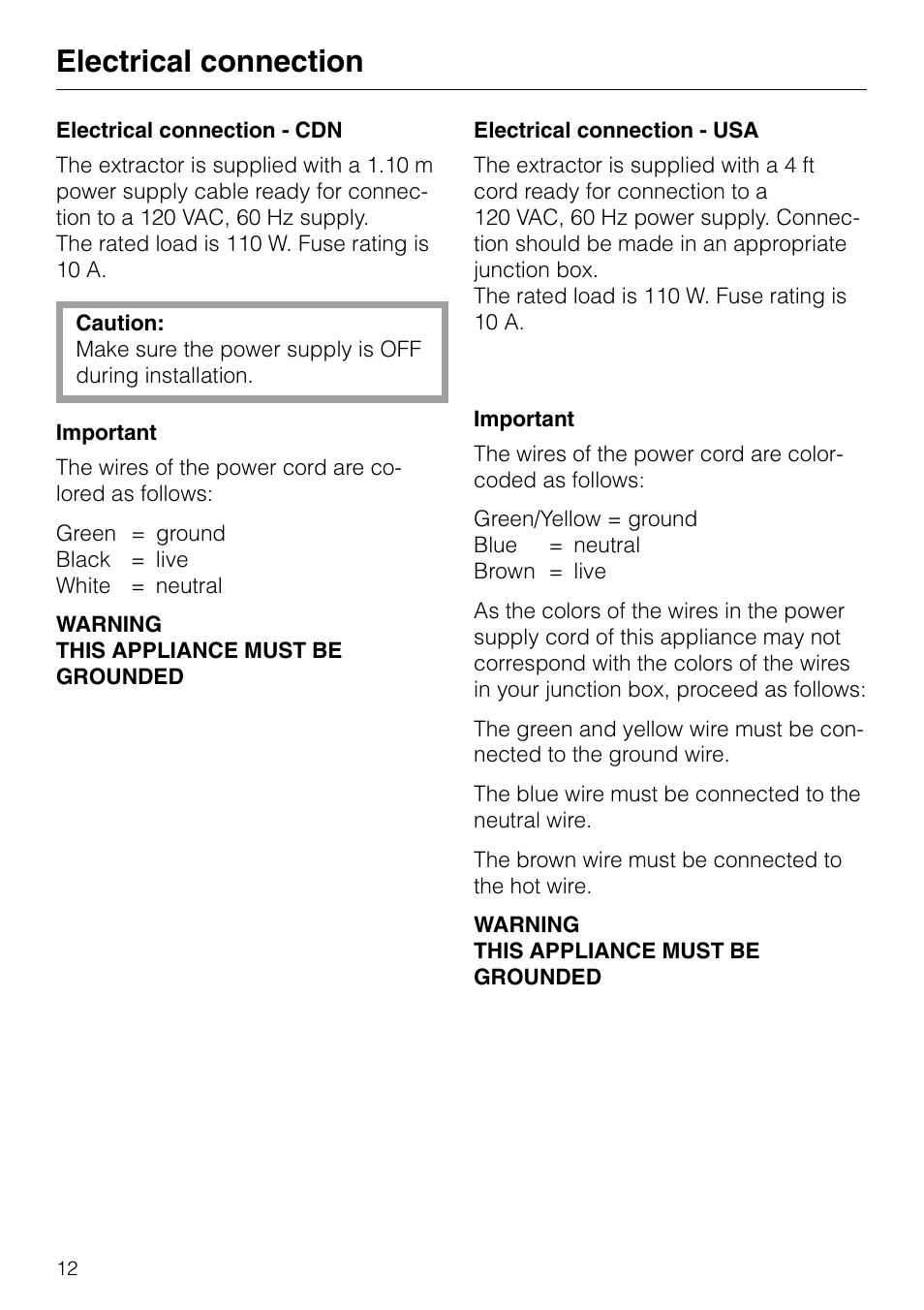 Electrical connection | Miele DA 8-2 User Manual | Page 12 / 20