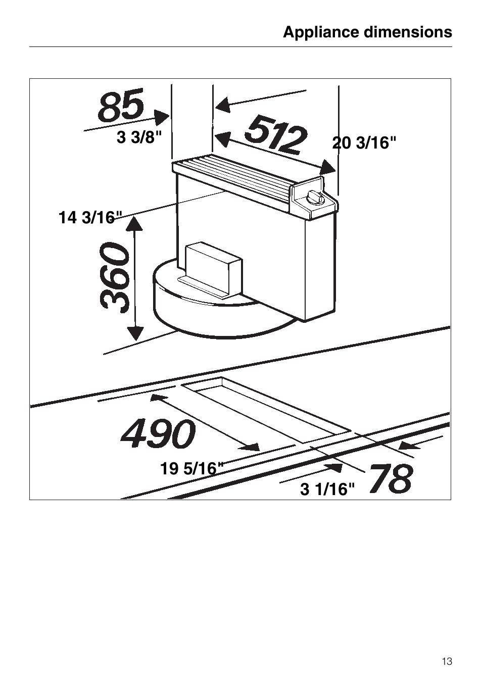 Appliance dimensions | Miele DA 8-2 User Manual | Page 13 / 20
