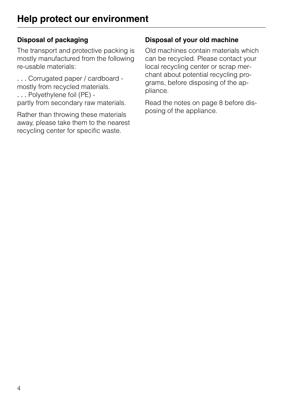 Help protect our environment | Miele DA 8-2 User Manual | Page 4 / 20