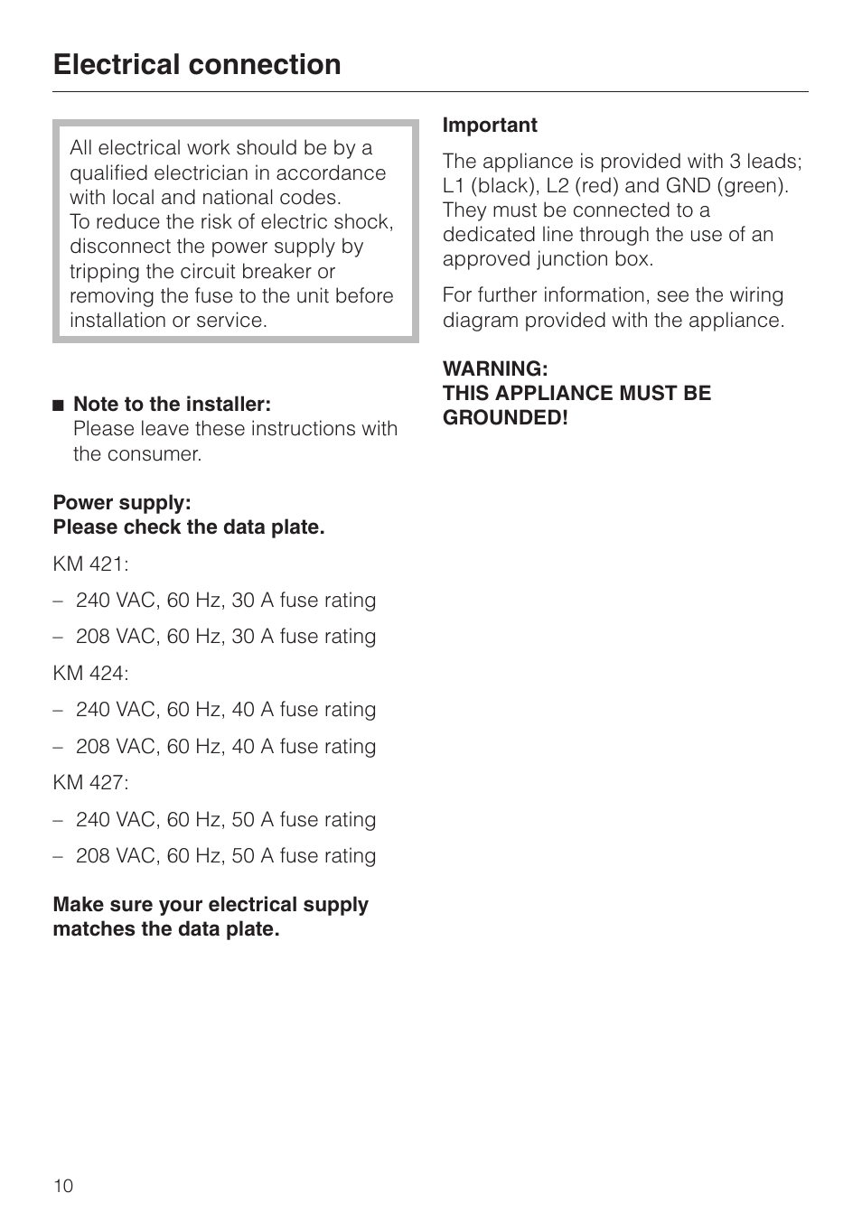 Electrical connection 10, Electrical connection | Miele KM421 User Manual | Page 10 / 12
