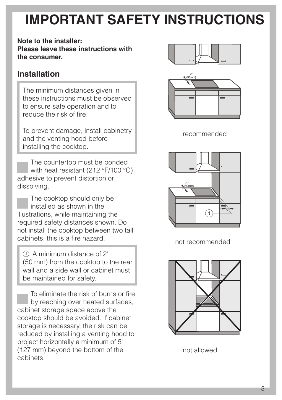 Important safety instructions 3, Installation 3, Important safety instructions | Installation | Miele KM421 User Manual | Page 3 / 12