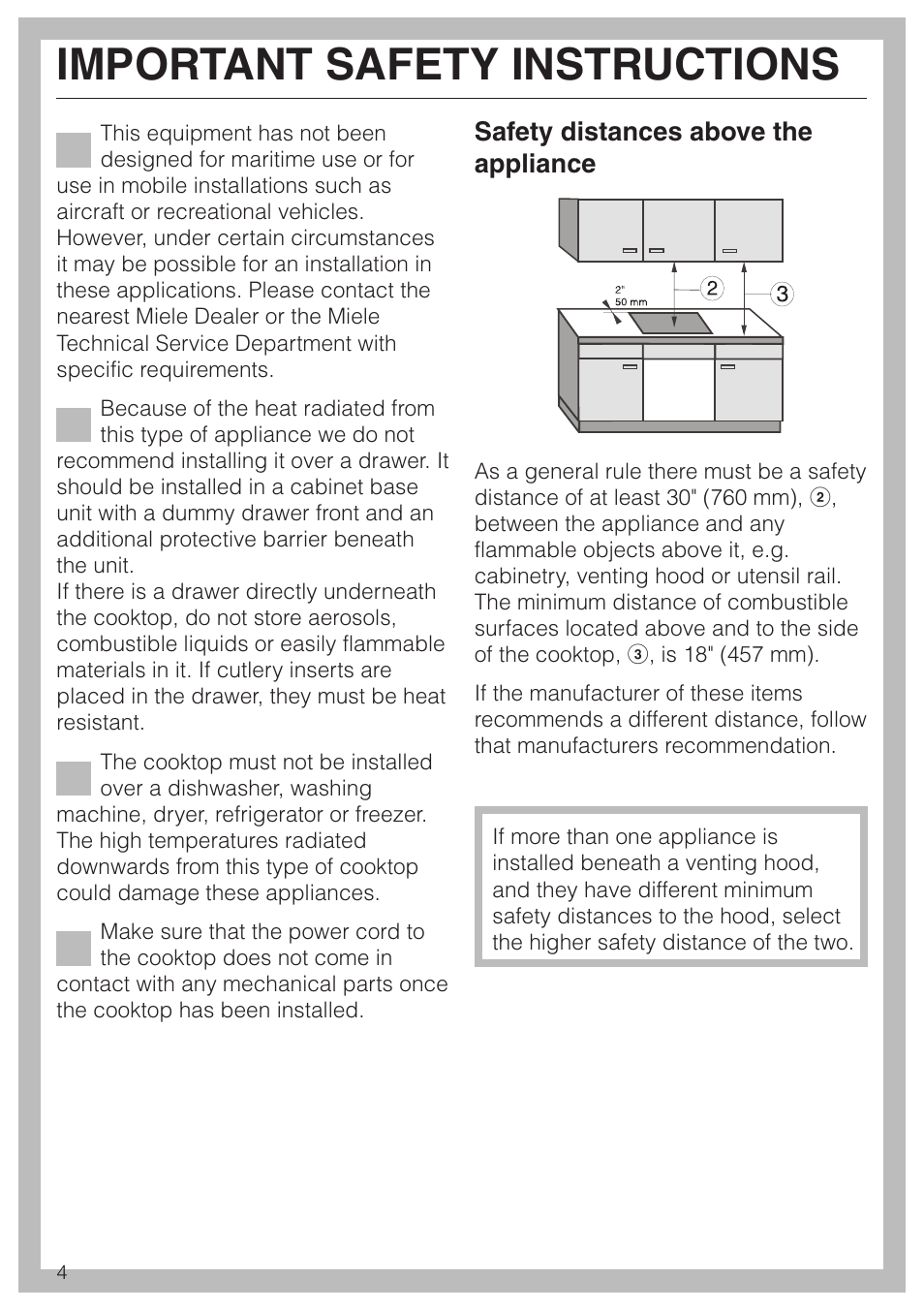 Safety distances above the appliance 4, Safety distances above the appliance, Important safety instructions | Miele KM421 User Manual | Page 4 / 12