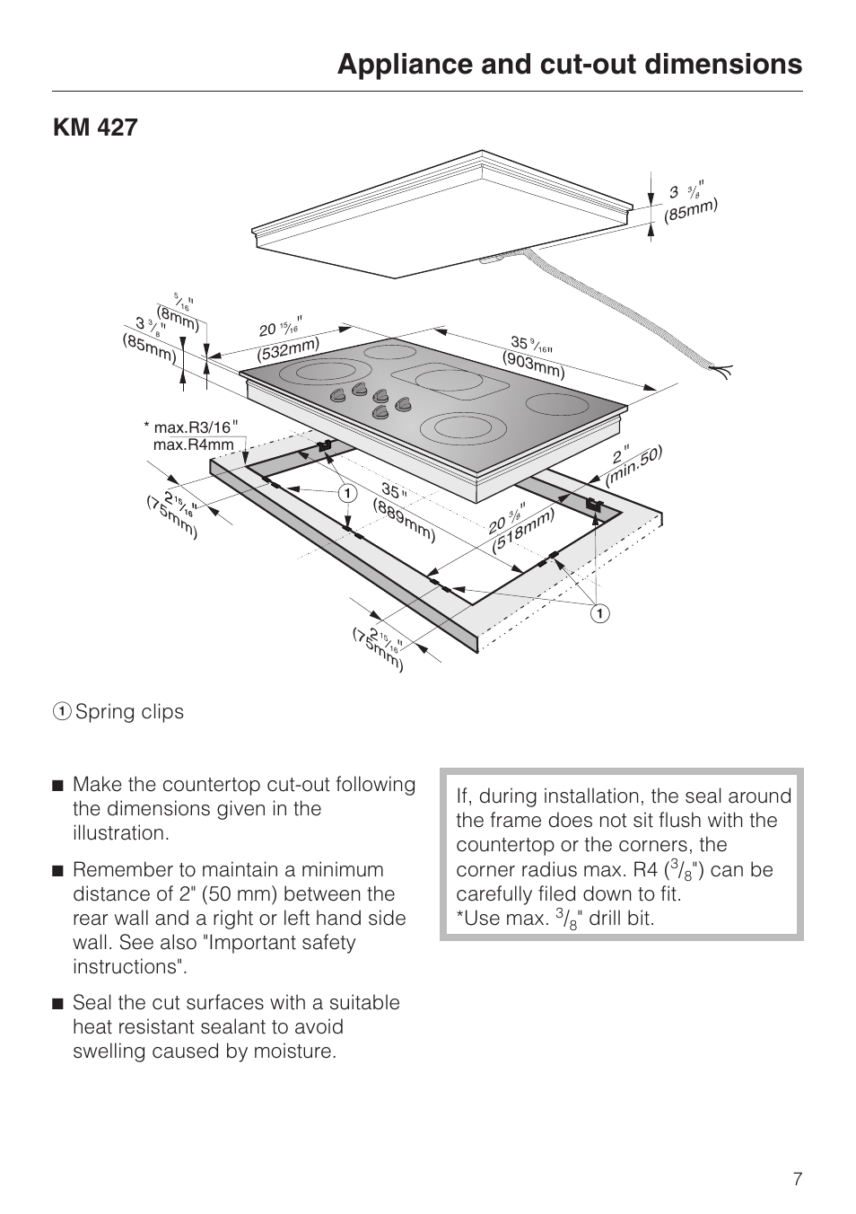 Km 427 7, Km 427, Appliance and cut-out dimensions | Can be carefully filed down to fit. *use max, Drill bit | Miele KM421 User Manual | Page 7 / 12