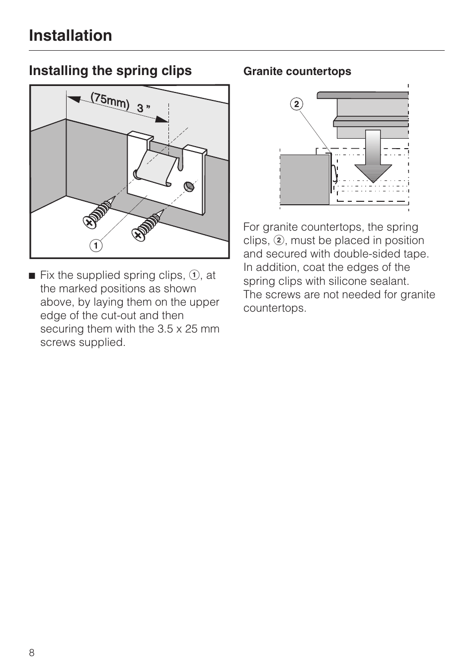 Installation 8, Installing the spring clips 8, Granite countertops 8 | Installation, Installing the spring clips, Granite countertops | Miele KM421 User Manual | Page 8 / 12