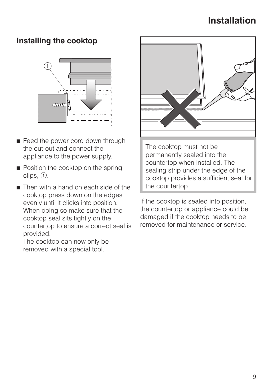 Installing the cooktop 9, Installing the cooktop, Installation | Miele KM421 User Manual | Page 9 / 12