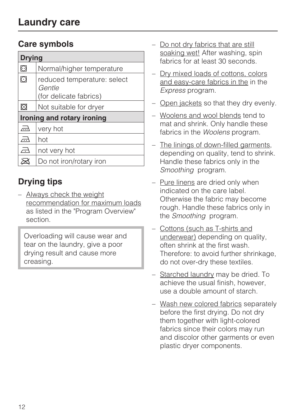 Laundry care 12, Care symbols 12, Drying tips 12 | Laundry care, Care symbols, Drying tips | Miele NOVOTRONIC T 7644 C User Manual | Page 12 / 56