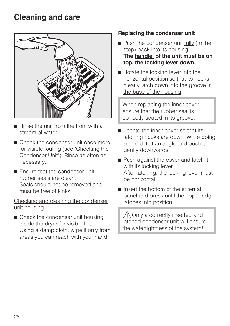 Replacing the condenser unit 28, Cleaning and care | Miele NOVOTRONIC T 7644 C User Manual | Page 28 / 56