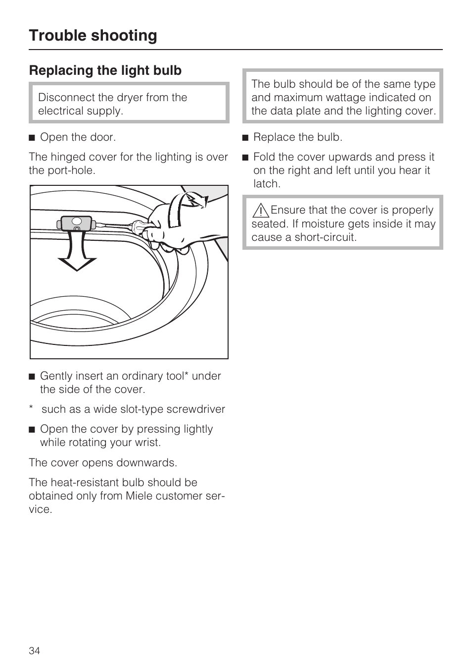 Replacing the light bulb 34, Trouble shooting, Replacing the light bulb | Miele NOVOTRONIC T 7644 C User Manual | Page 34 / 56
