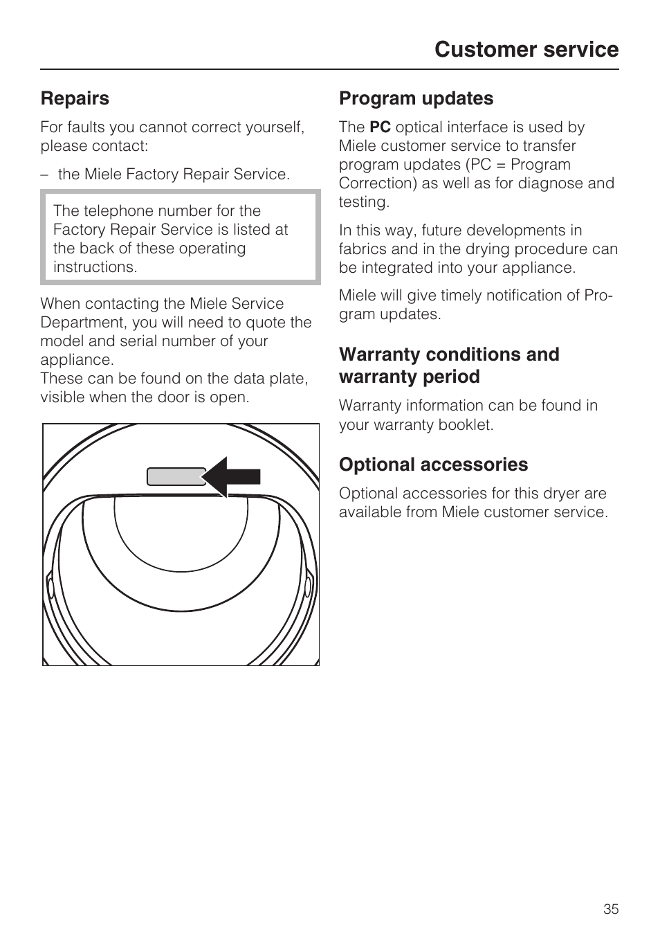 Customer service 35, Repairs 35, Program updates 35 | Warranty conditions and warranty period 35, Optional accessories 35, Customer service | Miele NOVOTRONIC T 7644 C User Manual | Page 35 / 56