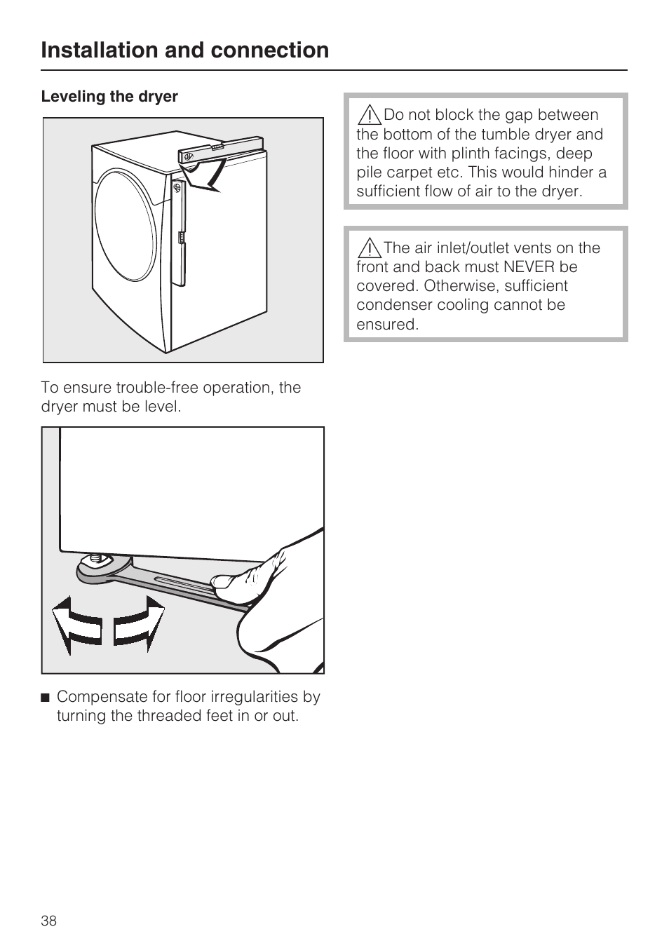 Leveling the dryer 38, Installation and connection | Miele NOVOTRONIC T 7644 C User Manual | Page 38 / 56