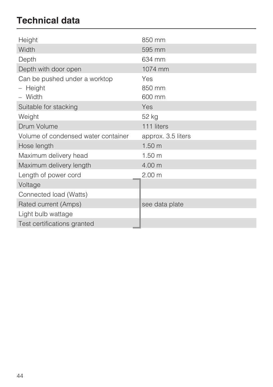 Technical data 44, Technical data | Miele NOVOTRONIC T 7644 C User Manual | Page 44 / 56