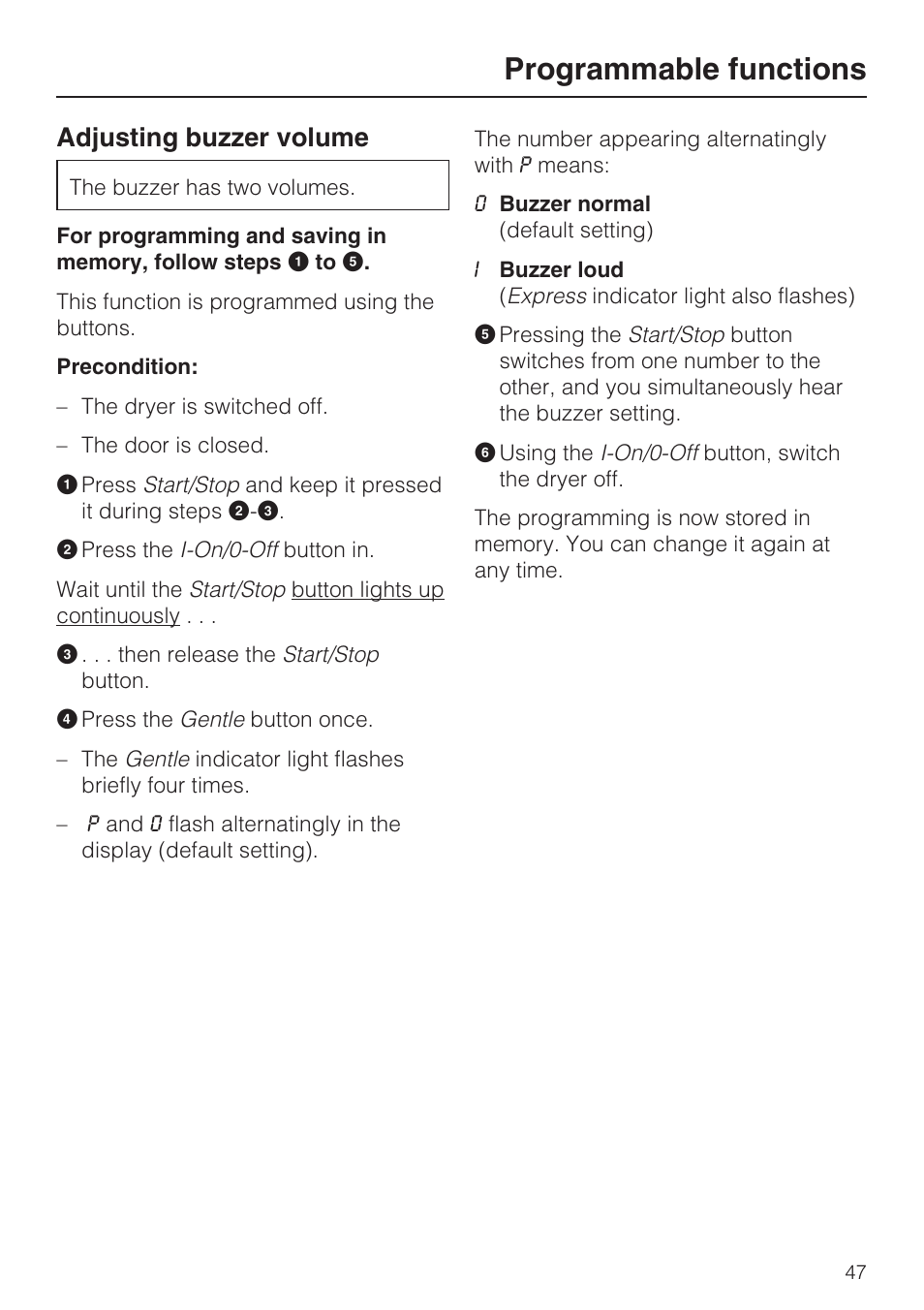 Adjusting buzzer volume 47, Programmable functions, Adjusting buzzer volume | Miele NOVOTRONIC T 7644 C User Manual | Page 47 / 56