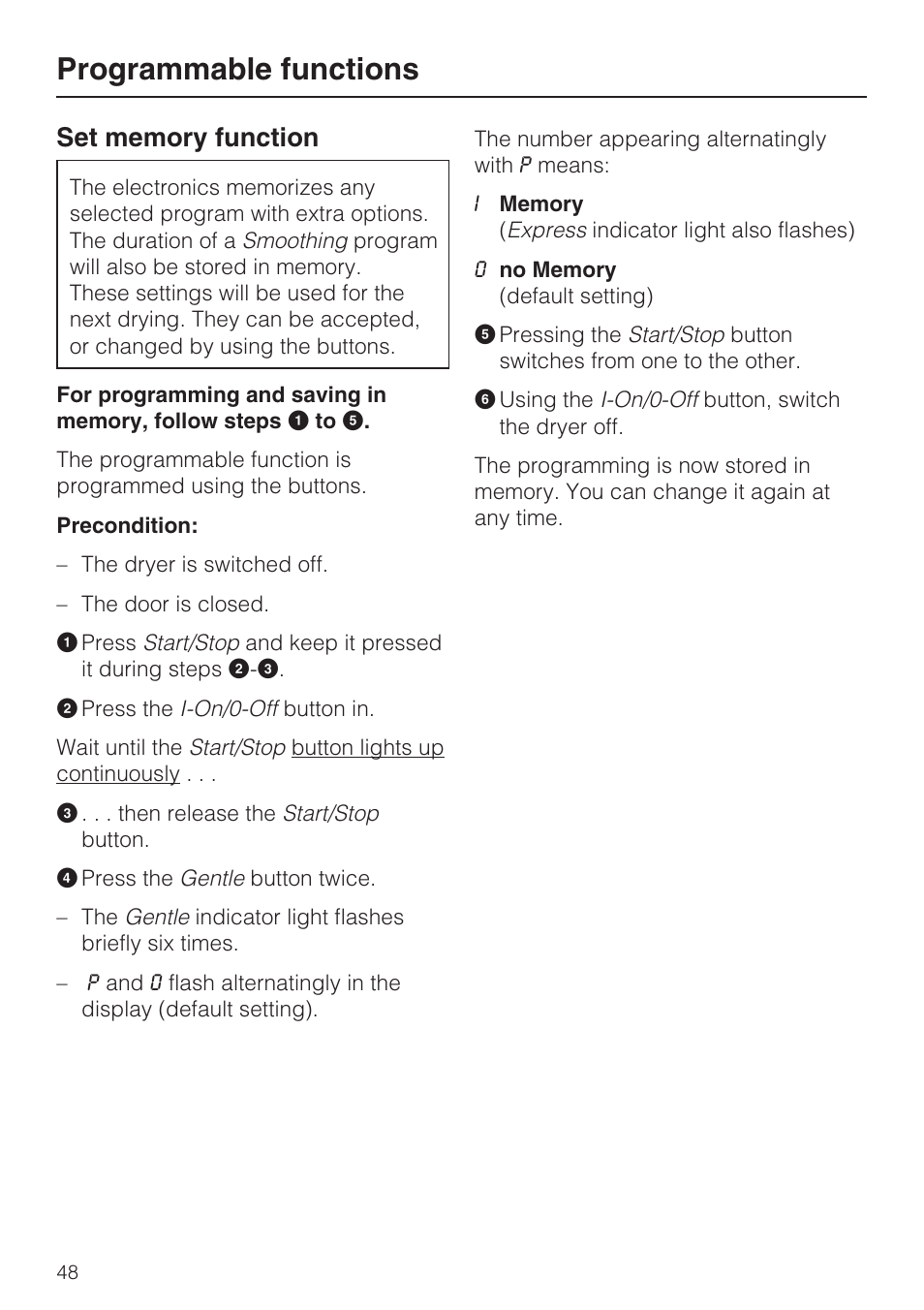 Set memory function 48, Programmable functions | Miele NOVOTRONIC T 7644 C User Manual | Page 48 / 56