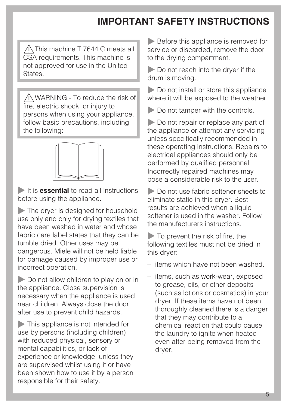 Important safety instructions 5, Important safety instructions | Miele NOVOTRONIC T 7644 C User Manual | Page 5 / 56