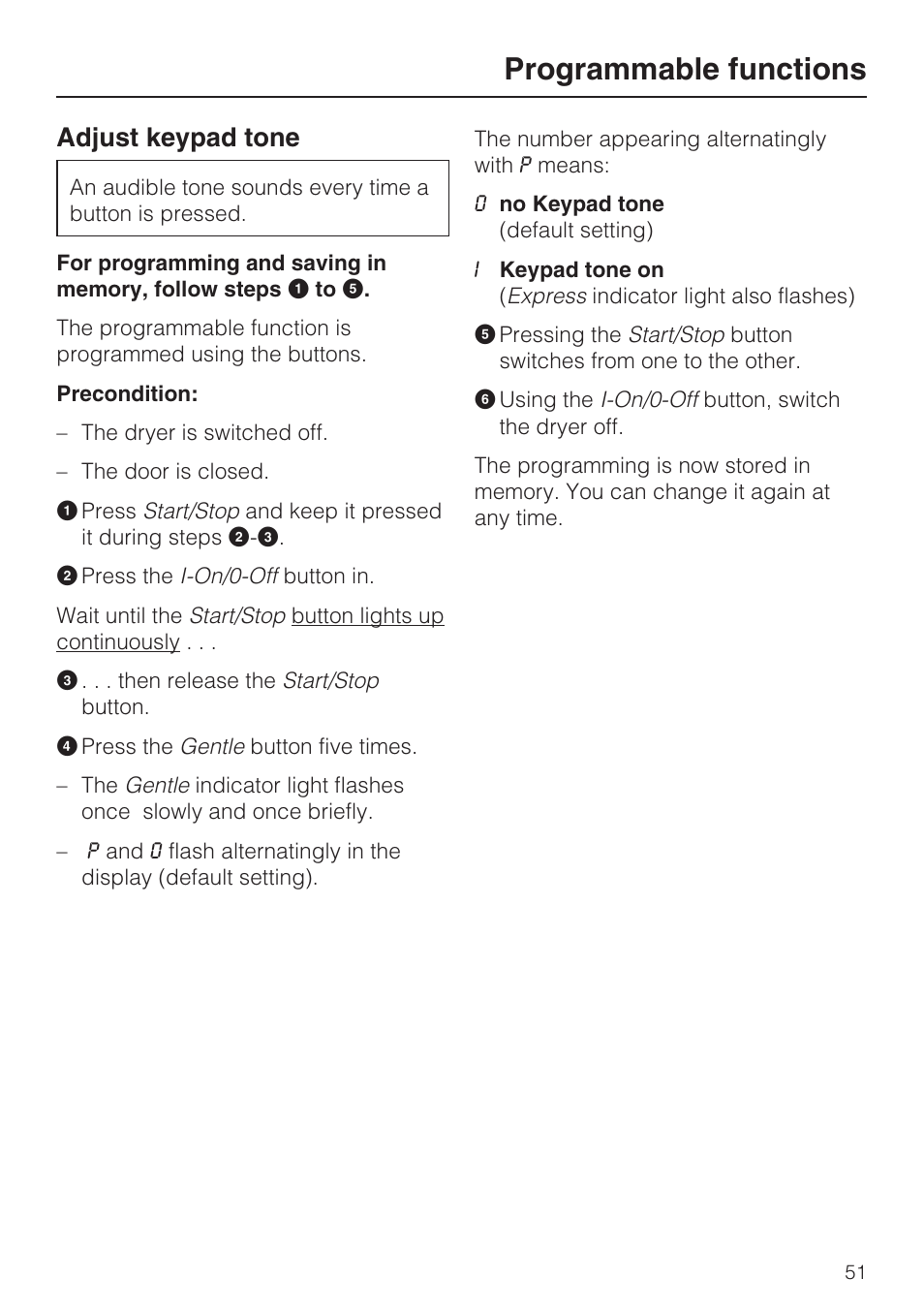 Adjust keypad tone 51, Programmable functions, Adjust keypad tone | Miele NOVOTRONIC T 7644 C User Manual | Page 51 / 56