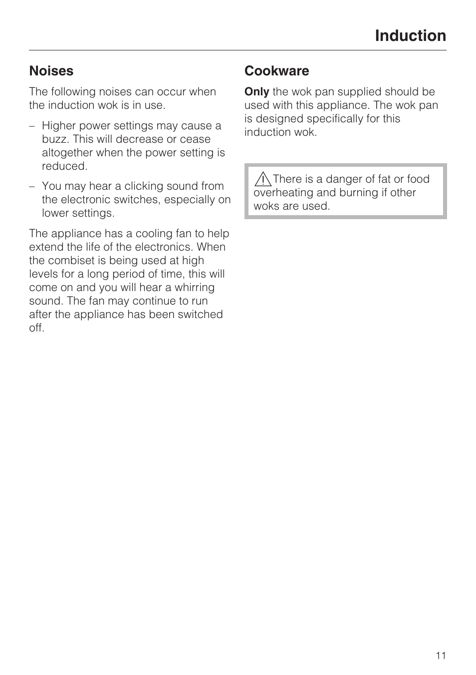 Noises 11, Cookware 11, Induction | Miele INDUCTION WOK CS 1223 User Manual | Page 11 / 40