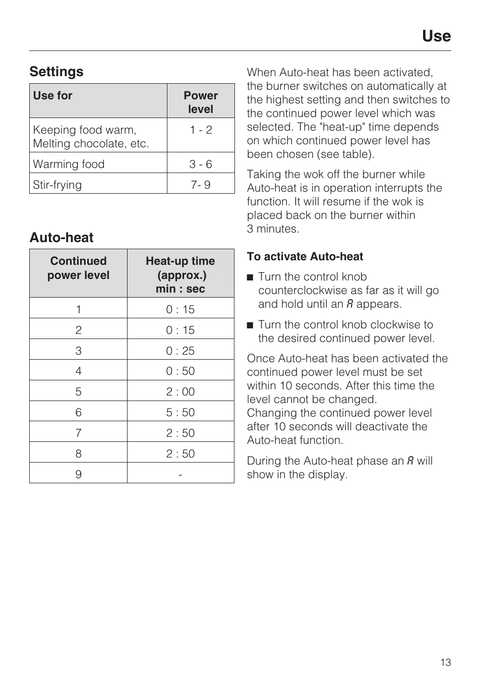 Settings 13, Auto-heat 13, Settings | Auto-heat | Miele INDUCTION WOK CS 1223 User Manual | Page 13 / 40