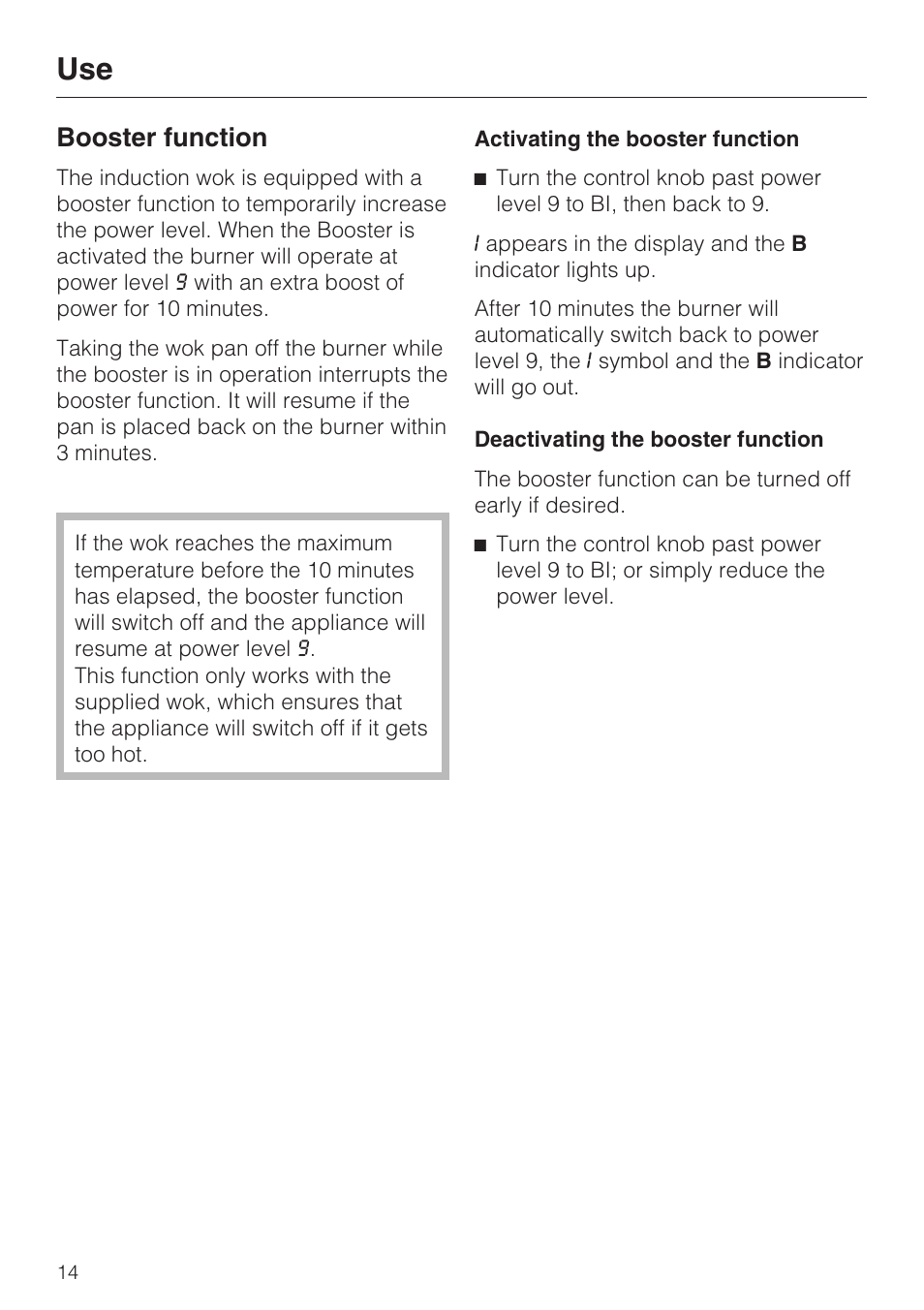 Booster function 14, Booster function | Miele INDUCTION WOK CS 1223 User Manual | Page 14 / 40
