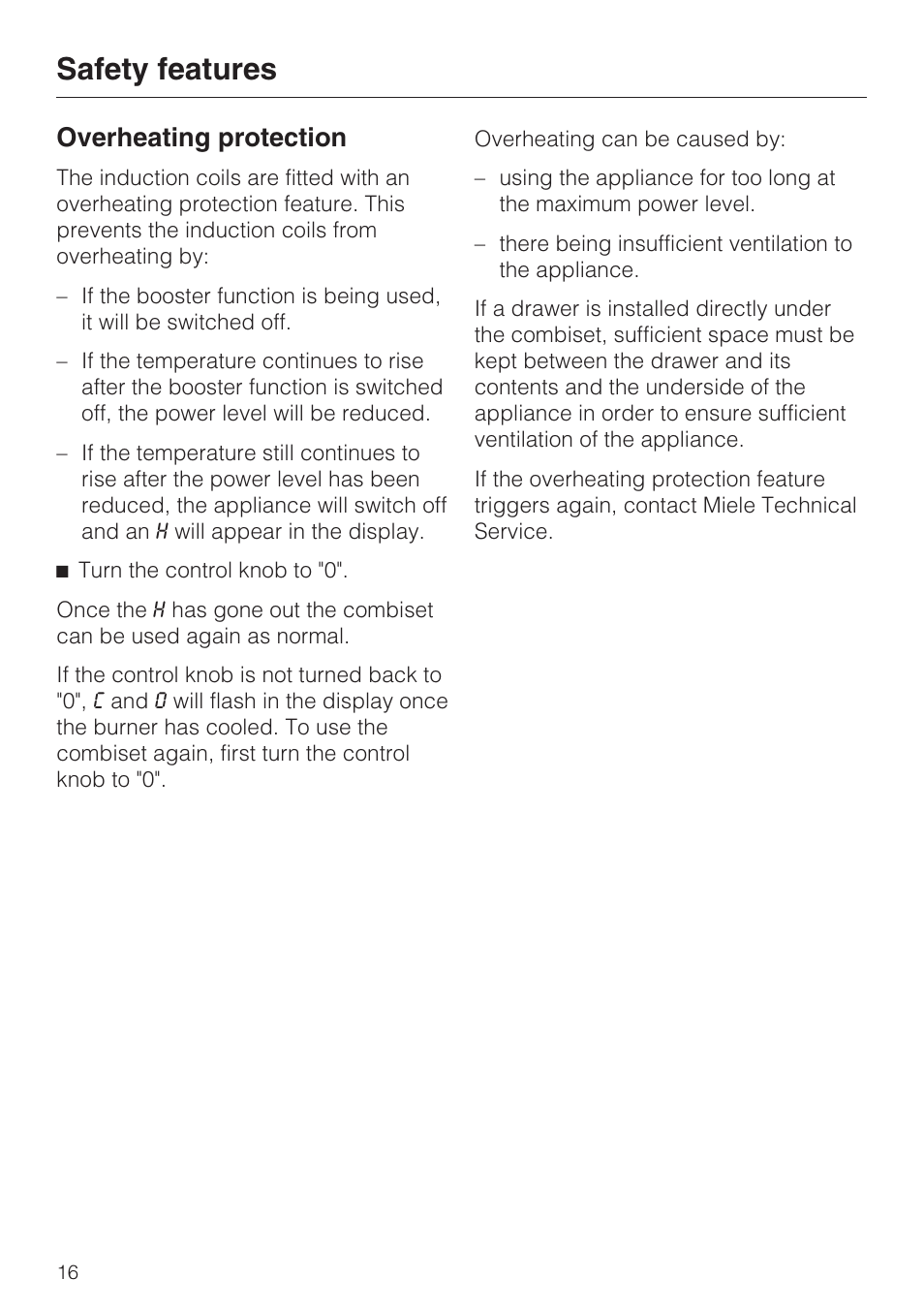 Overheating protection 16, Safety features, Overheating protection | Miele INDUCTION WOK CS 1223 User Manual | Page 16 / 40