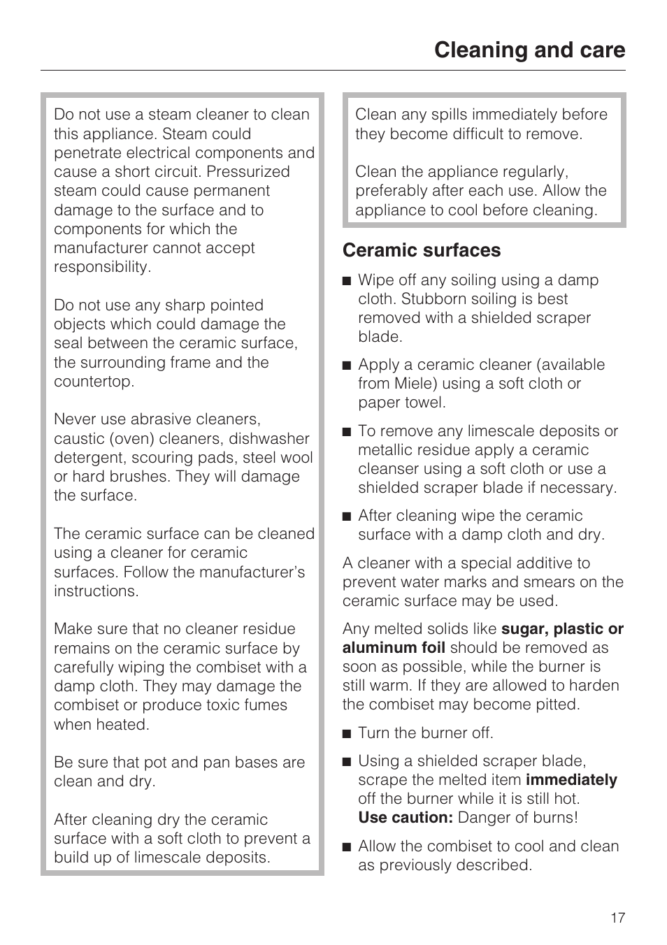 Cleaning and care 17, Cleaning and care, Ceramic surfaces | Miele INDUCTION WOK CS 1223 User Manual | Page 17 / 40